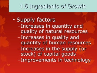 12
1.6 Ingredients of Growth1.6 Ingredients of Growth
• Supply factorsSupply factors
– Increases in quantity andIncreases in quantity and
quality of natural resourcesquality of natural resources
– Increases in quality andIncreases in quality and
quantity of human resourcesquantity of human resources
– Increases in the supply (orIncreases in the supply (or
stock) of capital goodsstock) of capital goods
– Improvements in technologyImprovements in technology
 
