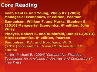 Core ReadingCore Reading
• Keat, Paul G. and Young, Philip KY (2009)
Managerial Economics, 6th
edition, Pearson
• Samuelson, William F. and Marks, Stephen G.
(2010) Managerial Economics, 6th
edition, John
Wiley
• Pindyck, Robert S. and Rubinfeld, Daniel L.(2013)
Microeconomics, 8th
edition, Pearson
• Samuelson, P.A. and Nordhaus, W. D.Samuelson, P.A. and Nordhaus, W. D.
(2010)(2010)“Economics”“Economics” Irwin/McGraw-Hill, 19Irwin/McGraw-Hill, 19thth
EditionEdition
• Porter, Michael E. (2004)Porter, Michael E. (2004)“Competitive Strategy –“Competitive Strategy –
Techniques for Analyzing Industries and Competitors”Techniques for Analyzing Industries and Competitors”
Free PressFree Press
 