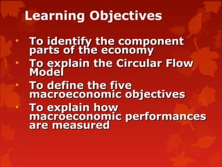 Learning Objectives
• To identify the componentTo identify the component
parts of the economyparts of the economy
• To explain the Circular FlowTo explain the Circular Flow
ModelModel
• To define the fiveTo define the five
macroeconomic objectivesmacroeconomic objectives
• To explain howTo explain how
macroeconomic performancesmacroeconomic performances
are measuredare measured
 