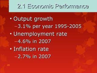 26
2.1 Economic Performance2.1 Economic Performance
• Output growthOutput growth
– 3.1% per year 1995-20053.1% per year 1995-2005
• Unemployment rateUnemployment rate
– 4.6% in 20074.6% in 2007
• Inflation rateInflation rate
– 2.7% in 20072.7% in 2007
 