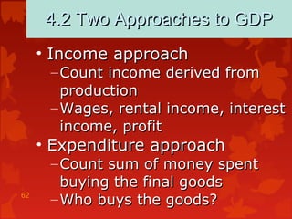 62
4.2 Two Approaches to GDP4.2 Two Approaches to GDP
• Income approachIncome approach
– Count income derived fromCount income derived from
productionproduction
– Wages, rental income, interestWages, rental income, interest
income, profitincome, profit
• Expenditure approachExpenditure approach
– Count sum of money spentCount sum of money spent
buying the final goodsbuying the final goods
– Who buys the goods?Who buys the goods?
 
