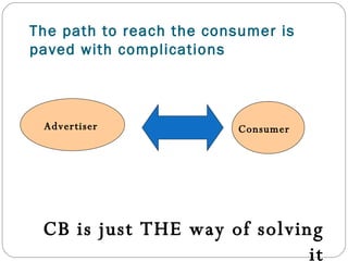 The path to reach the consumer is paved with complications CB is just THE way of solving it Advertiser Consumer