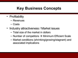 Key Business Concepts
• Profitability
– Revenues
– Costs
• Industry attractiveness / Market issues
– Total size of the market in dollars
– Number of competitors  Minimum Efficient Scale
– Market conditions (shrinking/growing/stagnant) and
associated implications
 