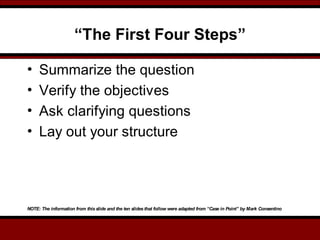 “The First Four Steps”
• Summarize the question
• Verify the objectives
• Ask clarifying questions
• Lay out your structure
NOTE: The information from this slide and the ten slides that follow were adapted from “Case in Point” by Mark Consentino
 