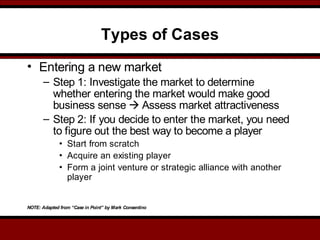 Types of Cases
• Entering a new market
– Step 1: Investigate the market to determine
whether entering the market would make good
business sense  Assess market attractiveness
– Step 2: If you decide to enter the market, you need
to figure out the best way to become a player
• Start from scratch
• Acquire an existing player
• Form a joint venture or strategic alliance with another
player
NOTE: Adapted from “Case in Point” by Mark Consentino
 