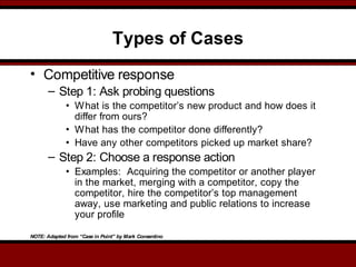 Types of Cases
• Competitive response
– Step 1: Ask probing questions
• What is the competitor’s new product and how does it
differ from ours?
• What has the competitor done differently?
• Have any other competitors picked up market share?
– Step 2: Choose a response action
• Examples: Acquiring the competitor or another player
in the market, merging with a competitor, copy the
competitor, hire the competitor’s top management
away, use marketing and public relations to increase
your profile
NOTE: Adapted from “Case in Point” by Mark Consentino
 
