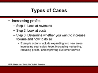 Types of Cases
• Increasing profits
– Step 1: Look at revenues
– Step 2: Look at costs
– Step 3: Determine whether you want to increase
volume and how to do so
• Example actions include expanding into new areas,
increasing your sales force, increasing marketing,
reducing prices, and improving customer service
NOTE: Adapted from “Case in Point” by Mark Consentino
 