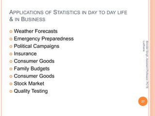 APPLICATIONS OF STATISTICS IN DAY TO DAY LIFE
& IN BUSINESS
 Weather Forecasts
 Emergency Preparedness
 Political Campaigns
 Insurance
 Consumer Goods
 Family Budgets
 Consumer Goods
 Stock Market
 Quality Testing
BirinderSingh,AssistantProfessor,PCTE
Ludhiana
27
 
