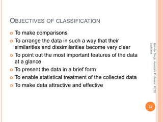OBJECTIVES OF CLASSIFICATION
 To make comparisons
 To arrange the data in such a way that their
similarities and dissimilarities become very clear
 To point out the most important features of the data
at a glance
 To present the data in a brief form
 To enable statistical treatment of the collected data
 To make data attractive and effective
BirinderSingh,AssistantProfessor,PCTE
Ludhiana
52
 