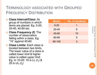 TERMINOLOGY ASSOCIATED WITH GROUPED
FREQUENCY DISTRIBUTION
 Class Interval/Class: Its
group of numbers in which
items are placed. Eg. 0-20,
20-40, 40-60 etc.
 Class Frequency (f): The
number of observation
falling within a class. Eg.
“10” against 40-60
 Class Limits: Each class is
located between two limits.
The lower value of a class is
called lower limit & higher
value is called upper limit.
Eg. In 10-20: 10 is LL (l1) &
20 is UL.(l2)
Marks No. of students
0-20 1
20-40 6
40-60 10
60-80 5
80-100 3
BirinderSingh,AssistantProfessor,PCTE
Ludhiana
60
 