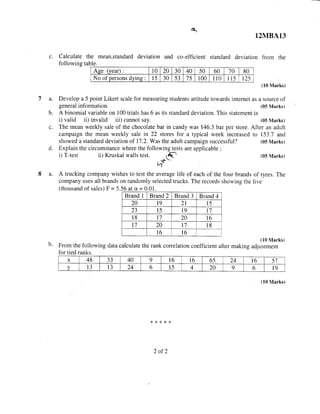 q
12MBA13
c. Calculate the mean,standard deviation and co-efficient standard deviation from the
following table.
(10 Marks)
Develop a 5 point Likert scale for measuring students attitude towards intemet as a source ofla.
b.
d.
general information. (05 Marks)
A binomial variable on 100 trials has 6 as its standard deviation. This statement is
i) valid ii) invalid iii) cannot say. (05 Marks)
The mean weekly sale of the chocolate bar in candy was 146.3 bar per store. After an adult
campaign the mean weekly sale in 22 stores for a typical week increased to 153.7 and
showed a standard deviation of 17 .2. Was the adult campaign successful? (05 Marks)
Explain the circumstance where the following tests are applicable ;
i) T-test (05 Markstii) Kruskal walls test. (Q
,t-4
8 a. A trucking company wishes to test the average life of each of the four brands of tyres. The
company uses all brands on randomly selected trucks. The records showing the live
(thousand of sales) F = 5,56 at a = 0.01.
(10 Marks)
From the following data calculate the rank correlation coefficient after making adjustment
for tied ranks.
(10 Marks)
x*r<**
b.
Aee (year) 10 20 30 40 50 60 70 80
No of Dersons dvins : 15 30 53 75 100 110 t15 125
Brand 1 Brand2 Brand 3 Brand 4
20 t9 2t 5
23 l5 l9 7
18 l7 20 6
t7 20 t7 8
t6 l6
x 48 JJ 40 9 16 l6 65 24 16 57
v 13 r3 24 6 15 4 20 I 6 t9
2 of2
 
