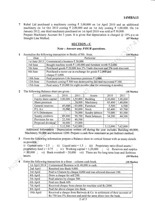 14MBA13
Rubal Ltd purchased a machinery costing { 3,00,000 on 1st April 2010 and an additional
machinery on lst Oct 2010 costing { 2,00,000 and on 1st July costing { 1,00,000. On lst
January 2012, one third machinery purchased on 1st April 2010 was sold at t 30.000.
Prepare Machinery Account for 3 years. It is given that depreciation is charged @ 10% p.a on
Straight Line Method. (07 Marks)
Note : orrffi questions.
I Jou li the follo transact Books of Mr. Aru l0 Marks)mallse rne rollowlng rransacuon ln _E ooKS or vlr. Arun a
Date Particular
l st June 2013 Commenced a business < 50.000
3rd June Bought machine worth < 1,00,000 and furniture worth t 2;000.
5th June Purchased goods t 20,000 less2o/o Trade discount and 5% cash discount.
Sth June Purchased a motor car in exchange for goods { 2,00S and
cheque { 3.000.
lOth June Paid proprietors Life Insurance premium t h8$0r
12th June Furniture costing t 500 was destroyed by fre and recovered { 100.
15th June Paid salary < 20,000 for eight months (due for remaining 4 months)
2 The following Balance sheet are given : (10 Marks)
Liabilities 2010 20tt Assets 201 0 20t1
Eouitv share caoital 3.00.000 3.50.000 Buildins 2.30.000 3.90.000
Share premium 30,000 Machinerv 85.400 1,40,000
General reserves 45,000 ,,65.000 Furniture 5.500 6.500
PIL Alc 30,000 80,800 Stock 82.400 95,700
6 o/o
Debentures 70.000 Sundry debtors 75.000 85.500
Sundrv creditors 8s,000 90.700 Bank balances 34,200 44.300
Provision for tax 22.500 40.s00
Proposed dividend 30,000 35.000
5,12,500 7,62,000 s.12.000 7.62.000
Additional Information : Depreciation written off during the year includes Building 60,000,
Machinery 50,000 and fumiture 1200. Prepare a cash flow statement as per lrdirect method.
3 From the following information prepare a Balance sheet in vertical format with as many details
as possible:
i) Current ratio :2.5 ; ii) Liquid ratio : 1.5 ; iii) Proprietary ratio (fixed assets /
proprietory fund ) : 0.15 ; iv) Working capital : 1 ,20,000 ; v) Reserves and surplus
: 80,000 ; vi) Bank overdraft :20,000 vii) There are No long term loan and fictitious
assets.
4 Enter the foll
(10 Marks)
lumn cash bookowms ransactlon m a rnree - co UM
I st April 2014 Commenced Business with 40,000 in cash.
2nd April Remitted into Bank 9,000.
3rd April Paid to Chatura by cheque 4,000 and was allowed discount 100.
4th Aoril Drew a cheque for self 200.
5th April Paid salaries bv cheque 500.
6th Anril Paid into Bank 600.
7th April Received cheque from chetan for machine sold Rs 2000.
8th April Paid the above cheque into Bank.
lOth April Received a cheque from Batiwala & Co. in settlement of their account of
Rs 750 less 5% discount and paid the same direct into the bank.
thtransact
2of3
arks)
 