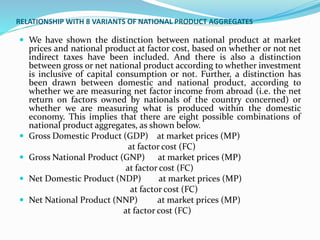 RELATIONSHIP WITH 8 VARIANTS OF NATIONAL PRODUCT AGGREGATES
 We have shown the distinction between national product at market
prices and national product at factor cost, based on whether or not net
indirect taxes have been included. And there is also a distinction
between gross or net national product according to whether investment
is inclusive of capital consumption or not. Further, a distinction has
been drawn between domestic and national product, according to
whether we are measuring net factor income from abroad (i.e. the net
return on factors owned by nationals of the country concerned) or
whether we are measuring what is produced within the domestic
economy. This implies that there are eight possible combinations of
national product aggregates, as shown below.
 Gross Domestic Product (GDP) at market prices (MP)
at factor cost (FC)
 Gross National Product (GNP) at market prices (MP)
at factor cost (FC)
 Net Domestic Product (NDP) at market prices (MP)
at factor cost (FC)
 Net National Product (NNP) at market prices (MP)
at factor cost (FC)
 