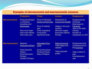 Examples of microeconomic and macroeconomic concerns
Production Prices Income Employment
Microeconomics Production/Output
in Individual
Industries and
Businesses
How much steel
How many offices
How many cars
Price of Individual
Goods and Services
Price of medical
care
Price of gasoline
Food prices
Apartment rents
Distribution of
Income and Wealth
Wages in the auto
industry
Minimum wages
Executive salaries
Poverty
Employment by
Individual
Businesses &
Industries
Jobs in the steel
industry
Number of
employees in a firm
Macroeconomics National
Production/Output
Total Industrial
Output
Gross Domestic
Product
Growth of Output
Aggregate Price
Level
Consumer prices
Producer Prices
Rate of Inflation
National Income
Total wages and
salaries
Total corporate
profits
Employment and
Unemployment in
the Economy
Total number of
jobs
Unemployment
rate
 