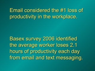 Email considered the #1 loss of productivity in the workplace. Basex survey 2006 identified the average worker loses 2.1 h...