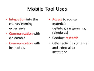 Year 1175 students - ~40% iPhone/~60% iPod TouchWeekly seminars during Fall 2008Applications:Mobile PortalMyeVuClickersPre- and post- semester evaluations