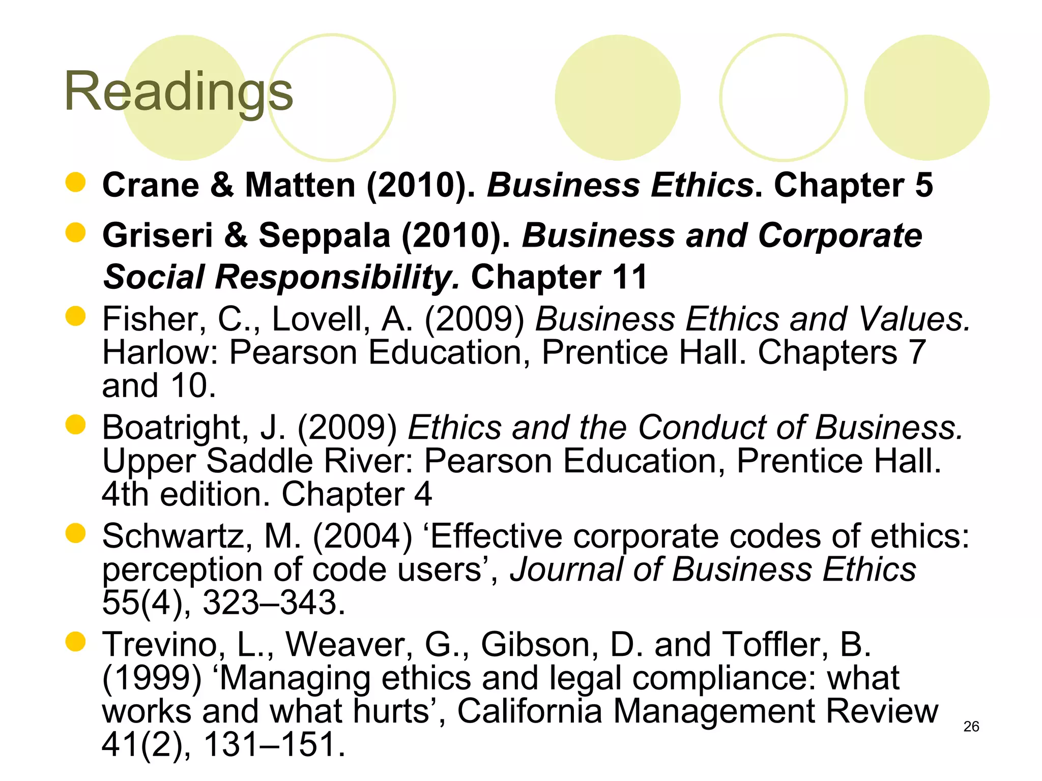 Readings
 Crane & Matten (2010). Business Ethics. Chapter 5
 Griseri & Seppala (2010). Business and Corporate
  Social Responsibility. Chapter 11
 Fisher, C., Lovell, A. (2009) Business Ethics and Values.
  Harlow: Pearson Education, Prentice Hall. Chapters 7
  and 10.
 Boatright, J. (2009) Ethics and the Conduct of Business.
  Upper Saddle River: Pearson Education, Prentice Hall.
  4th edition. Chapter 4
 Schwartz, M. (2004) ‘Effective corporate codes of ethics:
  perception of code users’, Journal of Business Ethics
  55(4), 323–343.
 Trevino, L., Weaver, G., Gibson, D. and Toffler, B.
  (1999) ‘Managing ethics and legal compliance: what
  works and what hurts’, California Management Review 26
  41(2), 131–151.
 