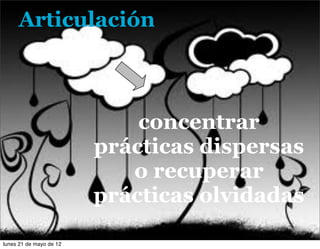 Articulación



                             concentrar
                         prácticas dispersas
                            o recuperar
                         prácticas olvidadas

lunes 21 de mayo de 12
 