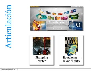Articulación




                         Shopping   Estacionar +
                          center    lavar el auto

lunes 21 de mayo de 12
 