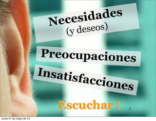 sidades
                           N   ece
                                (y d e se os)

                         Preocupaciones
                         Insatis
                                facc      iones
                            Escuchar !          7


lunes 21 de mayo de 12
 