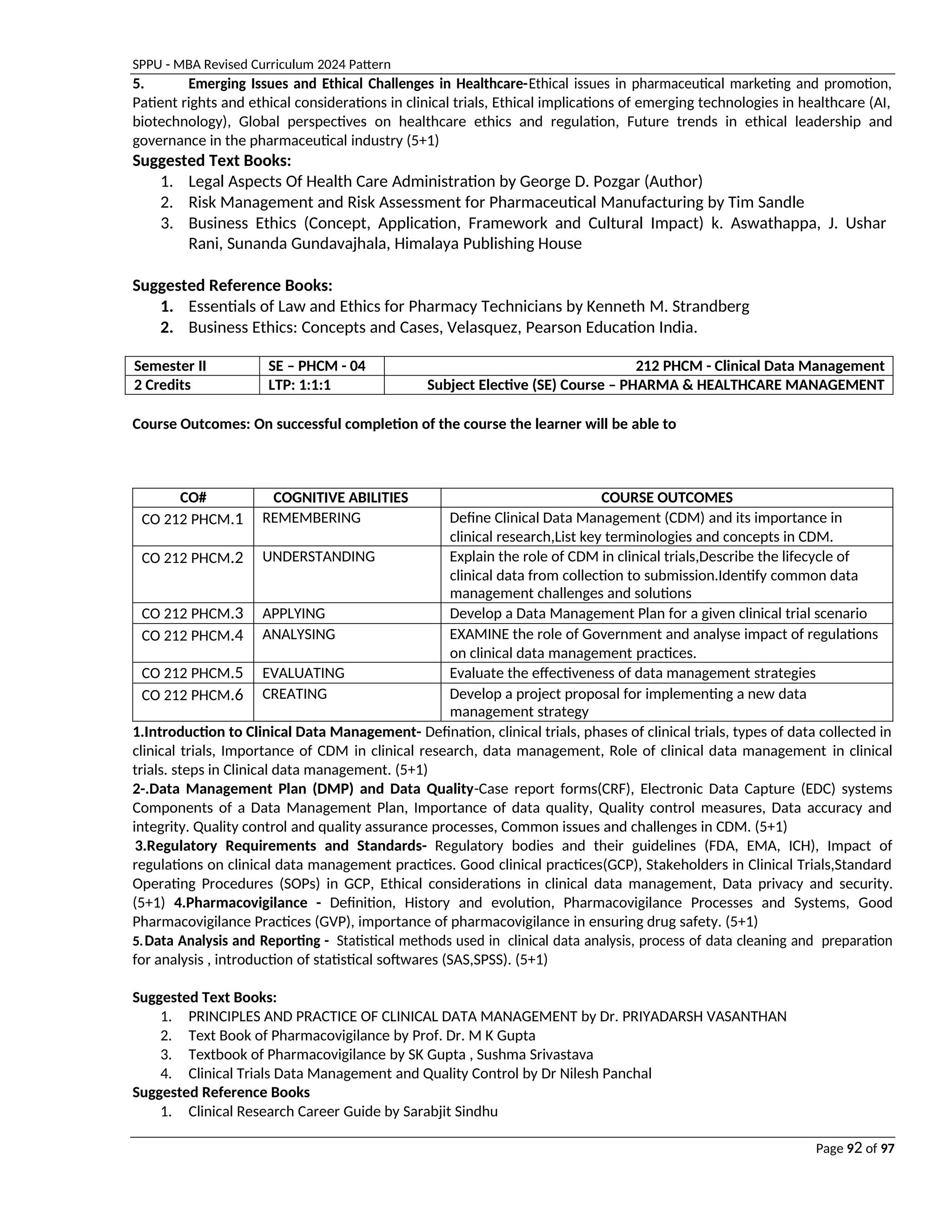 SPPU - MBA Revised Curriculum 2024 Pattern
Page 92 of 97
5. Emerging Issues and Ethical Challenges in Healthcare-Ethical issues in pharmaceutical marketing and promotion,
Patient rights and ethical considerations in clinical trials, Ethical implications of emerging technologies in healthcare (AI,
biotechnology), Global perspectives on healthcare ethics and regulation, Future trends in ethical leadership and
governance in the pharmaceutical industry (5+1)
Suggested Text Books:
1. Legal Aspects Of Health Care Administration by George D. Pozgar (Author)
2. Risk Management and Risk Assessment for Pharmaceutical Manufacturing by Tim Sandle
3. Business Ethics (Concept, Application, Framework and Cultural Impact) k. Aswathappa, J. Ushar
Rani, Sunanda Gundavajhala, Himalaya Publishing House
Suggested Reference Books:
1. Essentials of Law and Ethics for Pharmacy Technicians by Kenneth M. Strandberg
2. Business Ethics: Concepts and Cases, Velasquez, Pearson Education India.
Semester II SE – PHCM - 04 212 PHCM - Clinical Data Management
2 Credits LTP: 1:1:1 Subject Elective (SE) Course – PHARMA & HEALTHCARE MANAGEMENT
Course Outcomes: On successful completion of the course the learner will be able to
CO# COGNITIVE ABILITIES COURSE OUTCOMES
CO 212 PHCM.1 REMEMBERING Define Clinical Data Management (CDM) and its importance in
clinical research,List key terminologies and concepts in CDM.
CO 212 PHCM.2 UNDERSTANDING Explain the role of CDM in clinical trials,Describe the lifecycle of
clinical data from collection to submission.Identify common data
management challenges and solutions
CO 212 PHCM.3 APPLYING Develop a Data Management Plan for a given clinical trial scenario
CO 212 PHCM.4 ANALYSING EXAMINE the role of Government and analyse impact of regulations
on clinical data management practices.
CO 212 PHCM.5 EVALUATING Evaluate the effectiveness of data management strategies
CO 212 PHCM.6 CREATING Develop a project proposal for implementing a new data
management strategy
1.Introduction to Clinical Data Management- Defination, clinical trials, phases of clinical trials, types of data collected in
clinical trials, Importance of CDM in clinical research, data management, Role of clinical data management in clinical
trials. steps in Clinical data management. (5+1)
2-.Data Management Plan (DMP) and Data Quality-Case report forms(CRF), Electronic Data Capture (EDC) systems
Components of a Data Management Plan, Importance of data quality, Quality control measures, Data accuracy and
integrity. Quality control and quality assurance processes, Common issues and challenges in CDM. (5+1)
3.Regulatory Requirements and Standards- Regulatory bodies and their guidelines (FDA, EMA, ICH), Impact of
regulations on clinical data management practices. Good clinical practices(GCP), Stakeholders in Clinical Trials,Standard
Operating Procedures (SOPs) in GCP, Ethical considerations in clinical data management, Data privacy and security.
(5+1) 4.Pharmacovigilance - Definition, History and evolution, Pharmacovigilance Processes and Systems, Good
Pharmacovigilance Practices (GVP), importance of pharmacovigilance in ensuring drug safety. (5+1)
5.Data Analysis and Reporting - Statistical methods used in clinical data analysis, process of data cleaning and preparation
for analysis , introduction of statistical softwares (SAS,SPSS). (5+1)
Suggested Text Books:
1. PRINCIPLES AND PRACTICE OF CLINICAL DATA MANAGEMENT by Dr. PRIYADARSH VASANTHAN
2. Text Book of Pharmacovigilance by Prof. Dr. M K Gupta
3. Textbook of Pharmacovigilance by SK Gupta , Sushma Srivastava
4. Clinical Trials Data Management and Quality Control by Dr Nilesh Panchal
Suggested Reference Books
1. Clinical Research Career Guide by Sarabjit Sindhu
 
