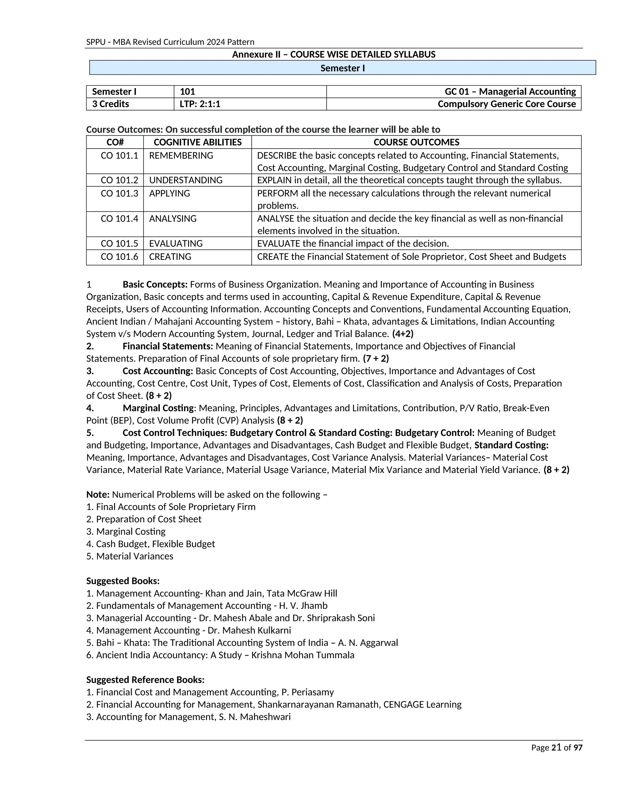 SPPU - MBA Revised Curriculum 2024 Pattern
Page 21 of 97
Annexure II – COURSE WISE DETAILED SYLLABUS
Semester I
Semester I 101 GC 01 – Managerial Accounting
3 Credits LTP: 2:1:1 Compulsory Generic Core Course
Course Outcomes: On successful completion of the course the learner will be able to
CO# COGNITIVE ABILITIES COURSE OUTCOMES
CO 101.1 REMEMBERING DESCRIBE the basic concepts related to Accounting, Financial Statements,
Cost Accounting, Marginal Costing, Budgetary Control and Standard Costing
CO 101.2 UNDERSTANDING EXPLAIN in detail, all the theoretical concepts taught through the syllabus.
CO 101.3 APPLYING PERFORM all the necessary calculations through the relevant numerical
problems.
CO 101.4 ANALYSING ANALYSE the situation and decide the key financial as well as non-financial
elements involved in the situation.
CO 101.5 EVALUATING EVALUATE the financial impact of the decision.
CO 101.6 CREATING CREATE the Financial Statement of Sole Proprietor, Cost Sheet and Budgets
1 Basic Concepts: Forms of Business Organization. Meaning and Importance of Accounting in Business
Organization, Basic concepts and terms used in accounting, Capital & Revenue Expenditure, Capital & Revenue
Receipts, Users of Accounting Information. Accounting Concepts and Conventions, Fundamental Accounting Equation,
Ancient Indian / Mahajani Accounting System – history, Bahi – Khata, advantages & Limitations, Indian Accounting
System v/s Modern Accounting System, Journal, Ledger and Trial Balance. (4+2)
2. Financial Statements: Meaning of Financial Statements, Importance and Objectives of Financial
Statements. Preparation of Final Accounts of sole proprietary firm. (7 + 2)
3. Cost Accounting: Basic Concepts of Cost Accounting, Objectives, Importance and Advantages of Cost
Accounting, Cost Centre, Cost Unit, Types of Cost, Elements of Cost, Classification and Analysis of Costs, Preparation
of Cost Sheet. (8 + 2)
4. Marginal Costing: Meaning, Principles, Advantages and Limitations, Contribution, P/V Ratio, Break-Even
Point (BEP), Cost Volume Profit (CVP) Analysis (8 + 2)
5. Cost Control Techniques: Budgetary Control & Standard Costing: Budgetary Control: Meaning of Budget
and Budgeting, Importance, Advantages and Disadvantages, Cash Budget and Flexible Budget, Standard Costing:
Meaning, Importance, Advantages and Disadvantages, Cost Variance Analysis. Material Variances– Material Cost
Variance, Material Rate Variance, Material Usage Variance, Material Mix Variance and Material Yield Variance. (8 + 2)
Note: Numerical Problems will be asked on the following –
1. Final Accounts of Sole Proprietary Firm
2. Preparation of Cost Sheet
3. Marginal Costing
4. Cash Budget, Flexible Budget
5. Material Variances
Suggested Books:
1. Management Accounting- Khan and Jain, Tata McGraw Hill
2. Fundamentals of Management Accounting - H. V. Jhamb
3. Managerial Accounting - Dr. Mahesh Abale and Dr. Shriprakash Soni
4. Management Accounting - Dr. Mahesh Kulkarni
5. Bahi – Khata: The Traditional Accounting System of India – A. N. Aggarwal
6. Ancient India Accountancy: A Study – Krishna Mohan Tummala
Suggested Reference Books:
1. Financial Cost and Management Accounting, P. Periasamy
2. Financial Accounting for Management, Shankarnarayanan Ramanath, CENGAGE Learning
3. Accounting for Management, S. N. Maheshwari
 