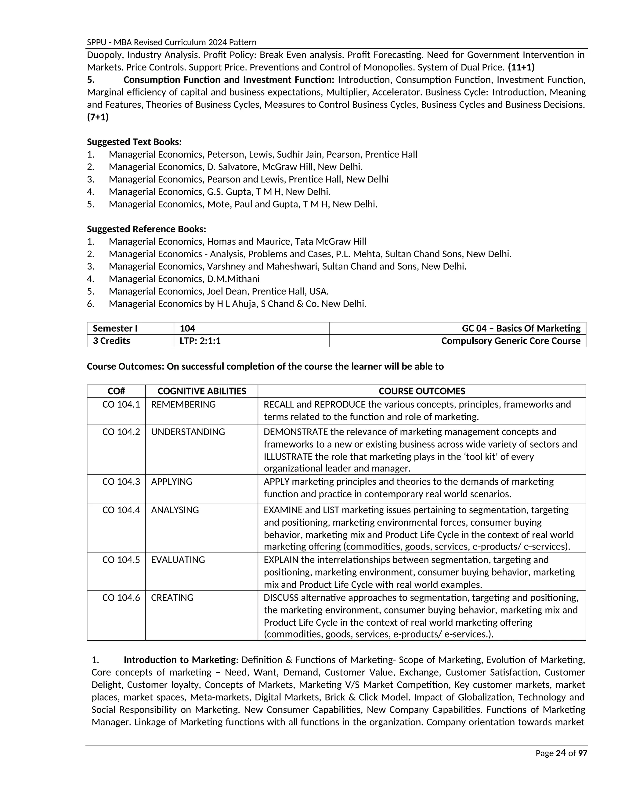 SPPU - MBA Revised Curriculum 2024 Pattern
Page 24 of 97
Duopoly, Industry Analysis. Profit Policy: Break Even analysis. Profit Forecasting. Need for Government Intervention in
Markets. Price Controls. Support Price. Preventions and Control of Monopolies. System of Dual Price. (11+1)
5. Consumption Function and Investment Function: Introduction, Consumption Function, Investment Function,
Marginal efficiency of capital and business expectations, Multiplier, Accelerator. Business Cycle: Introduction, Meaning
and Features, Theories of Business Cycles, Measures to Control Business Cycles, Business Cycles and Business Decisions.
(7+1)
Suggested Text Books:
1. Managerial Economics, Peterson, Lewis, Sudhir Jain, Pearson, Prentice Hall
2. Managerial Economics, D. Salvatore, McGraw Hill, New Delhi.
3. Managerial Economics, Pearson and Lewis, Prentice Hall, New Delhi
4. Managerial Economics, G.S. Gupta, T M H, New Delhi.
5. Managerial Economics, Mote, Paul and Gupta, T M H, New Delhi.
Suggested Reference Books:
1. Managerial Economics, Homas and Maurice, Tata McGraw Hill
2. Managerial Economics - Analysis, Problems and Cases, P.L. Mehta, Sultan Chand Sons, New Delhi.
3. Managerial Economics, Varshney and Maheshwari, Sultan Chand and Sons, New Delhi.
4. Managerial Economics, D.M.Mithani
5. Managerial Economics, Joel Dean, Prentice Hall, USA.
6. Managerial Economics by H L Ahuja, S Chand & Co. New Delhi.
Semester I 104 GC 04 – Basics Of Marketing
3 Credits LTP: 2:1:1 Compulsory Generic Core Course
Course Outcomes: On successful completion of the course the learner will be able to
CO# COGNITIVE ABILITIES COURSE OUTCOMES
CO 104.1 REMEMBERING RECALL and REPRODUCE the various concepts, principles, frameworks and
terms related to the function and role of marketing.
CO 104.2 UNDERSTANDING DEMONSTRATE the relevance of marketing management concepts and
frameworks to a new or existing business across wide variety of sectors and
ILLUSTRATE the role that marketing plays in the ‘tool kit’ of every
organizational leader and manager.
CO 104.3 APPLYING APPLY marketing principles and theories to the demands of marketing
function and practice in contemporary real world scenarios.
CO 104.4 ANALYSING EXAMINE and LIST marketing issues pertaining to segmentation, targeting
and positioning, marketing environmental forces, consumer buying
behavior, marketing mix and Product Life Cycle in the context of real world
marketing offering (commodities, goods, services, e-products/ e-services).
CO 104.5 EVALUATING EXPLAIN the interrelationships between segmentation, targeting and
positioning, marketing environment, consumer buying behavior, marketing
mix and Product Life Cycle with real world examples.
CO 104.6 CREATING DISCUSS alternative approaches to segmentation, targeting and positioning,
the marketing environment, consumer buying behavior, marketing mix and
Product Life Cycle in the context of real world marketing offering
(commodities, goods, services, e-products/ e-services.).
1. Introduction to Marketing: Definition & Functions of Marketing- Scope of Marketing, Evolution of Marketing,
Core concepts of marketing – Need, Want, Demand, Customer Value, Exchange, Customer Satisfaction, Customer
Delight, Customer loyalty, Concepts of Markets, Marketing V/S Market Competition, Key customer markets, market
places, market spaces, Meta-markets, Digital Markets, Brick & Click Model. Impact of Globalization, Technology and
Social Responsibility on Marketing. New Consumer Capabilities, New Company Capabilities. Functions of Marketing
Manager. Linkage of Marketing functions with all functions in the organization. Company orientation towards market
 