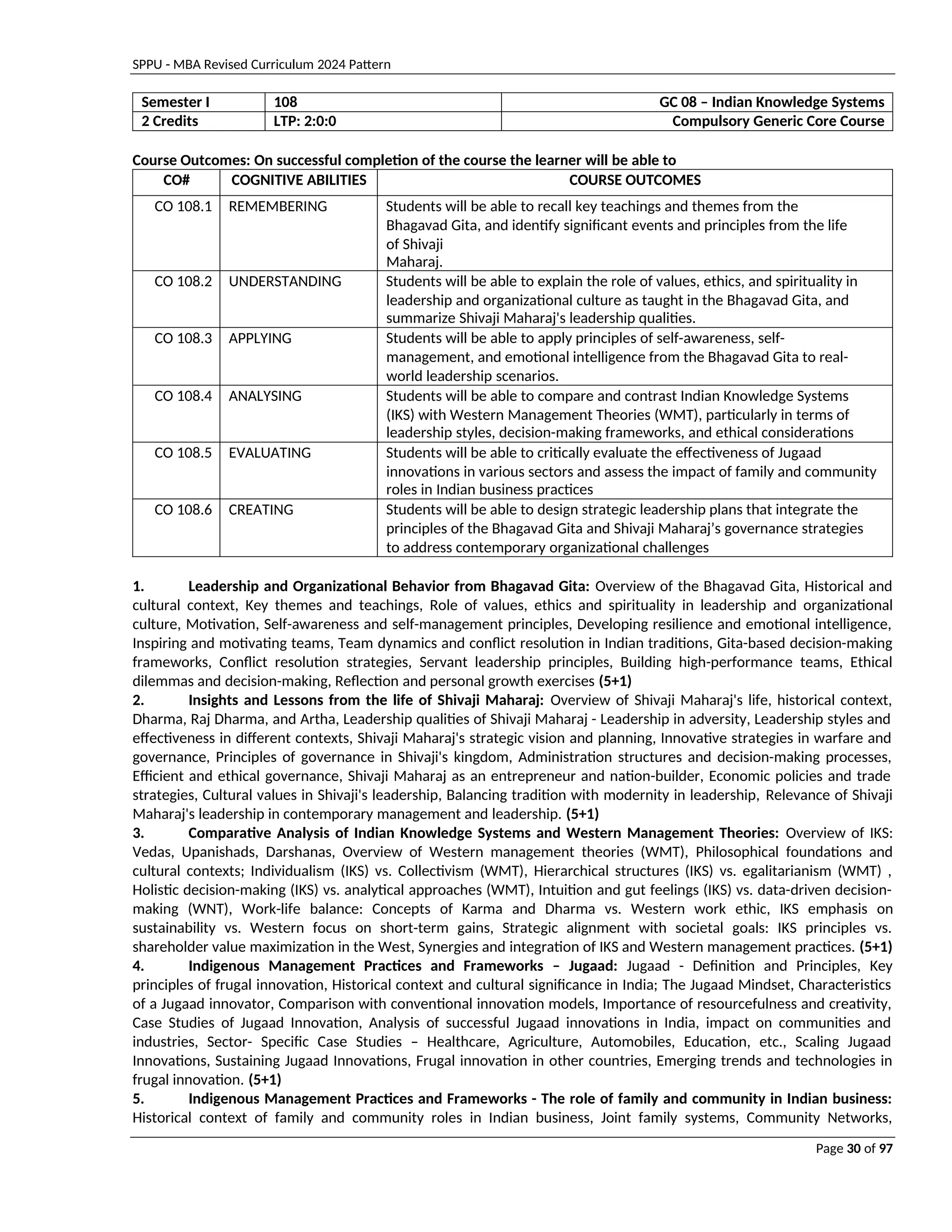 SPPU - MBA Revised Curriculum 2024 Pattern
Page 30 of 97
Semester I 108 GC 08 – Indian Knowledge Systems
2 Credits LTP: 2:0:0 Compulsory Generic Core Course
Course Outcomes: On successful completion of the course the learner will be able to
CO# COGNITIVE ABILITIES COURSE OUTCOMES
CO 108.1 REMEMBERING Students will be able to recall key teachings and themes from the
Bhagavad Gita, and identify significant events and principles from the life
of Shivaji
Maharaj.
CO 108.2 UNDERSTANDING Students will be able to explain the role of values, ethics, and spirituality in
leadership and organizational culture as taught in the Bhagavad Gita, and
summarize Shivaji Maharaj's leadership qualities.
CO 108.3 APPLYING Students will be able to apply principles of self-awareness, self-
management, and emotional intelligence from the Bhagavad Gita to real-
world leadership scenarios.
CO 108.4 ANALYSING Students will be able to compare and contrast Indian Knowledge Systems
(IKS) with Western Management Theories (WMT), particularly in terms of
leadership styles, decision-making frameworks, and ethical considerations
CO 108.5 EVALUATING Students will be able to critically evaluate the effectiveness of Jugaad
innovations in various sectors and assess the impact of family and community
roles in Indian business practices
CO 108.6 CREATING Students will be able to design strategic leadership plans that integrate the
principles of the Bhagavad Gita and Shivaji Maharaj’s governance strategies
to address contemporary organizational challenges
1. Leadership and Organizational Behavior from Bhagavad Gita: Overview of the Bhagavad Gita, Historical and
cultural context, Key themes and teachings, Role of values, ethics and spirituality in leadership and organizational
culture, Motivation, Self-awareness and self-management principles, Developing resilience and emotional intelligence,
Inspiring and motivating teams, Team dynamics and conflict resolution in Indian traditions, Gita-based decision-making
frameworks, Conflict resolution strategies, Servant leadership principles, Building high-performance teams, Ethical
dilemmas and decision-making, Reflection and personal growth exercises (5+1)
2. Insights and Lessons from the life of Shivaji Maharaj: Overview of Shivaji Maharaj's life, historical context,
Dharma, Raj Dharma, and Artha, Leadership qualities of Shivaji Maharaj - Leadership in adversity, Leadership styles and
effectiveness in different contexts, Shivaji Maharaj's strategic vision and planning, Innovative strategies in warfare and
governance, Principles of governance in Shivaji's kingdom, Administration structures and decision-making processes,
Efficient and ethical governance, Shivaji Maharaj as an entrepreneur and nation-builder, Economic policies and trade
strategies, Cultural values in Shivaji's leadership, Balancing tradition with modernity in leadership, Relevance of Shivaji
Maharaj's leadership in contemporary management and leadership. (5+1)
3. Comparative Analysis of Indian Knowledge Systems and Western Management Theories: Overview of IKS:
Vedas, Upanishads, Darshanas, Overview of Western management theories (WMT), Philosophical foundations and
cultural contexts; Individualism (IKS) vs. Collectivism (WMT), Hierarchical structures (IKS) vs. egalitarianism (WMT) ,
Holistic decision-making (IKS) vs. analytical approaches (WMT), Intuition and gut feelings (IKS) vs. data-driven decision-
making (WNT), Work-life balance: Concepts of Karma and Dharma vs. Western work ethic, IKS emphasis on
sustainability vs. Western focus on short-term gains, Strategic alignment with societal goals: IKS principles vs.
shareholder value maximization in the West, Synergies and integration of IKS and Western management practices. (5+1)
4. Indigenous Management Practices and Frameworks – Jugaad: Jugaad - Definition and Principles, Key
principles of frugal innovation, Historical context and cultural significance in India; The Jugaad Mindset, Characteristics
of a Jugaad innovator, Comparison with conventional innovation models, Importance of resourcefulness and creativity,
Case Studies of Jugaad Innovation, Analysis of successful Jugaad innovations in India, impact on communities and
industries, Sector- Specific Case Studies – Healthcare, Agriculture, Automobiles, Education, etc., Scaling Jugaad
Innovations, Sustaining Jugaad Innovations, Frugal innovation in other countries, Emerging trends and technologies in
frugal innovation. (5+1)
5. Indigenous Management Practices and Frameworks - The role of family and community in Indian business:
Historical context of family and community roles in Indian business, Joint family systems, Community Networks,
 