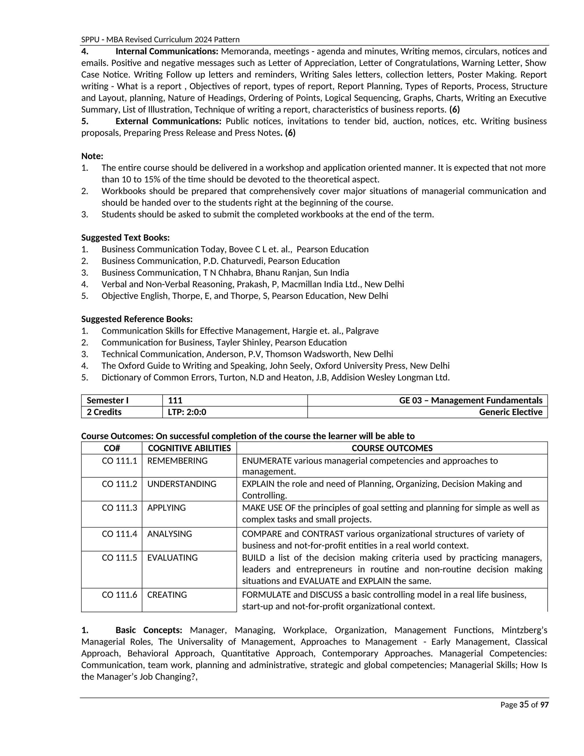 SPPU - MBA Revised Curriculum 2024 Pattern
Page 35 of 97
4. Internal Communications: Memoranda, meetings - agenda and minutes, Writing memos, circulars, notices and
emails. Positive and negative messages such as Letter of Appreciation, Letter of Congratulations, Warning Letter, Show
Case Notice. Writing Follow up letters and reminders, Writing Sales letters, collection letters, Poster Making. Report
writing - What is a report , Objectives of report, types of report, Report Planning, Types of Reports, Process, Structure
and Layout, planning, Nature of Headings, Ordering of Points, Logical Sequencing, Graphs, Charts, Writing an Executive
Summary, List of Illustration, Technique of writing a report, characteristics of business reports. (6)
5. External Communications: Public notices, invitations to tender bid, auction, notices, etc. Writing business
proposals, Preparing Press Release and Press Notes. (6)
Note:
1. The entire course should be delivered in a workshop and application oriented manner. It is expected that not more
than 10 to 15% of the time should be devoted to the theoretical aspect.
2. Workbooks should be prepared that comprehensively cover major situations of managerial communication and
should be handed over to the students right at the beginning of the course.
3. Students should be asked to submit the completed workbooks at the end of the term.
Suggested Text Books:
1. Business Communication Today, Bovee C L et. al., Pearson Education
2. Business Communication, P.D. Chaturvedi, Pearson Education
3. Business Communication, T N Chhabra, Bhanu Ranjan, Sun India
4. Verbal and Non-Verbal Reasoning, Prakash, P, Macmillan India Ltd., New Delhi
5. Objective English, Thorpe, E, and Thorpe, S, Pearson Education, New Delhi
Suggested Reference Books:
1. Communication Skills for Effective Management, Hargie et. al., Palgrave
2. Communication for Business, Tayler Shinley, Pearson Education
3. Technical Communication, Anderson, P.V, Thomson Wadsworth, New Delhi
4. The Oxford Guide to Writing and Speaking, John Seely, Oxford University Press, New Delhi
5. Dictionary of Common Errors, Turton, N.D and Heaton, J.B, Addision Wesley Longman Ltd.
Semester I 111 GE 03 – Management Fundamentals
2 Credits LTP: 2:0:0 Generic Elective
Course Outcomes: On successful completion of the course the learner will be able to
CO# COGNITIVE ABILITIES COURSE OUTCOMES
CO 111.1 REMEMBERING ENUMERATE various managerial competencies and approaches to
management.
CO 111.2 UNDERSTANDING EXPLAIN the role and need of Planning, Organizing, Decision Making and
Controlling.
CO 111.3 APPLYING MAKE USE OF the principles of goal setting and planning for simple as well as
complex tasks and small projects.
CO 111.4 ANALYSING COMPARE and CONTRAST various organizational structures of variety of
business and not-for-profit entities in a real world context.
CO 111.5 EVALUATING BUILD a list of the decision making criteria used by practicing managers,
leaders and entrepreneurs in routine and non-routine decision making
situations and EVALUATE and EXPLAIN the same.
CO 111.6 CREATING FORMULATE and DISCUSS a basic controlling model in a real life business,
start-up and not-for-profit organizational context.
1. Basic Concepts: Manager, Managing, Workplace, Organization, Management Functions, Mintzberg’s
Managerial Roles, The Universality of Management, Approaches to Management - Early Management, Classical
Approach, Behavioral Approach, Quantitative Approach, Contemporary Approaches. Managerial Competencies:
Communication, team work, planning and administrative, strategic and global competencies; Managerial Skills; How Is
the Manager’s Job Changing?,
 