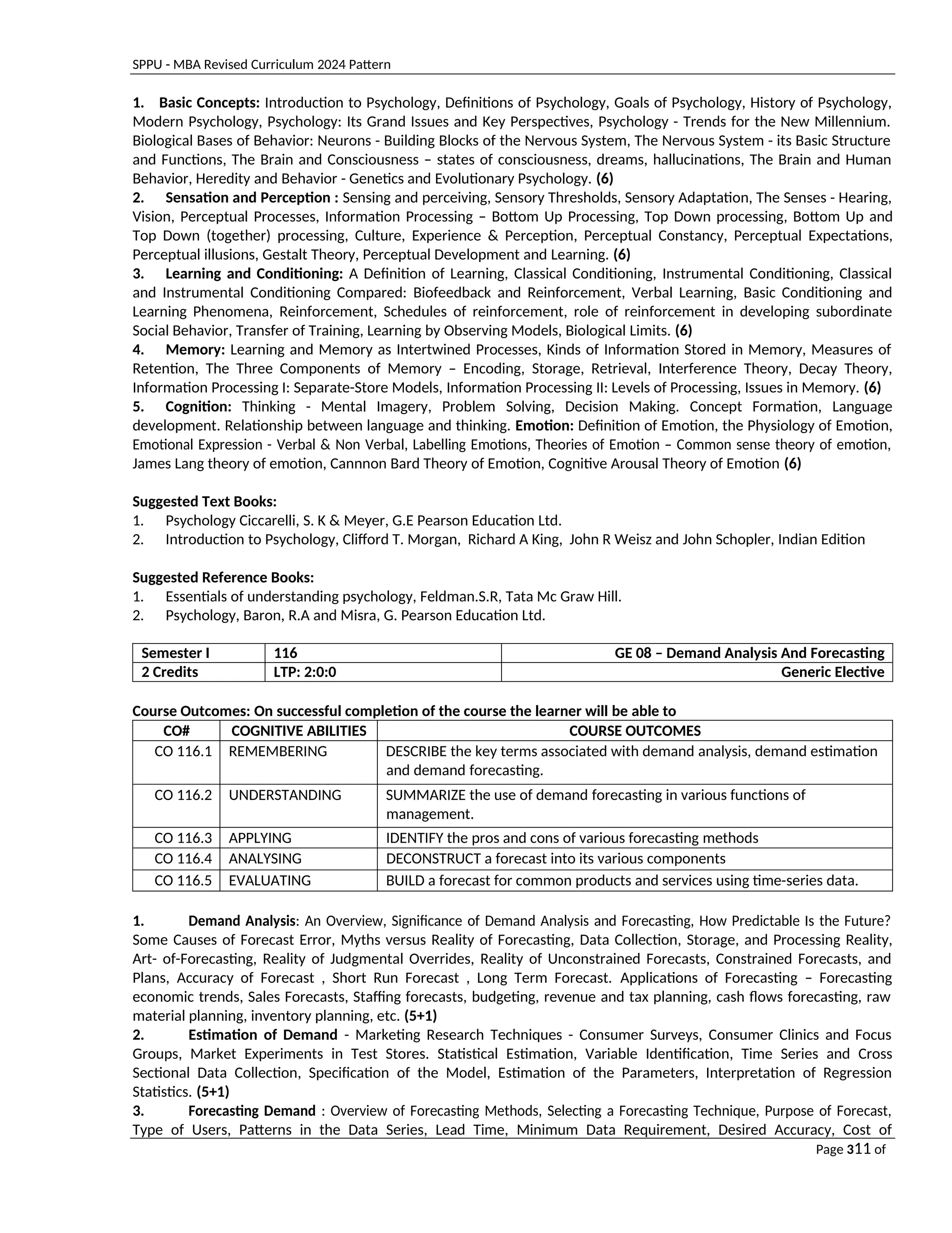 SPPU - MBA Revised Curriculum 2024 Pattern
Page 311 of
97
1. Basic Concepts: Introduction to Psychology, Definitions of Psychology, Goals of Psychology, History of Psychology,
Modern Psychology, Psychology: Its Grand Issues and Key Perspectives, Psychology - Trends for the New Millennium.
Biological Bases of Behavior: Neurons - Building Blocks of the Nervous System, The Nervous System - its Basic Structure
and Functions, The Brain and Consciousness – states of consciousness, dreams, hallucinations, The Brain and Human
Behavior, Heredity and Behavior - Genetics and Evolutionary Psychology. (6)
2. Sensation and Perception : Sensing and perceiving, Sensory Thresholds, Sensory Adaptation, The Senses - Hearing,
Vision, Perceptual Processes, Information Processing – Bottom Up Processing, Top Down processing, Bottom Up and
Top Down (together) processing, Culture, Experience & Perception, Perceptual Constancy, Perceptual Expectations,
Perceptual illusions, Gestalt Theory, Perceptual Development and Learning. (6)
3. Learning and Conditioning: A Definition of Learning, Classical Conditioning, Instrumental Conditioning, Classical
and Instrumental Conditioning Compared: Biofeedback and Reinforcement, Verbal Learning, Basic Conditioning and
Learning Phenomena, Reinforcement, Schedules of reinforcement, role of reinforcement in developing subordinate
Social Behavior, Transfer of Training, Learning by Observing Models, Biological Limits. (6)
4. Memory: Learning and Memory as Intertwined Processes, Kinds of Information Stored in Memory, Measures of
Retention, The Three Components of Memory – Encoding, Storage, Retrieval, Interference Theory, Decay Theory,
Information Processing I: Separate-Store Models, Information Processing II: Levels of Processing, Issues in Memory. (6)
5. Cognition: Thinking - Mental Imagery, Problem Solving, Decision Making. Concept Formation, Language
development. Relationship between language and thinking. Emotion: Definition of Emotion, the Physiology of Emotion,
Emotional Expression - Verbal & Non Verbal, Labelling Emotions, Theories of Emotion – Common sense theory of emotion,
James Lang theory of emotion, Cannnon Bard Theory of Emotion, Cognitive Arousal Theory of Emotion (6)
Suggested Text Books:
1. Psychology Ciccarelli, S. K & Meyer, G.E Pearson Education Ltd.
2. Introduction to Psychology, Clifford T. Morgan, Richard A King, John R Weisz and John Schopler, Indian Edition
Suggested Reference Books:
1. Essentials of understanding psychology, Feldman.S.R, Tata Mc Graw Hill.
2. Psychology, Baron, R.A and Misra, G. Pearson Education Ltd.
Semester I 116 GE 08 – Demand Analysis And Forecasting
2 Credits LTP: 2:0:0 Generic Elective
Course Outcomes: On successful completion of the course the learner will be able to
CO# COGNITIVE ABILITIES COURSE OUTCOMES
CO 116.1 REMEMBERING DESCRIBE the key terms associated with demand analysis, demand estimation
and demand forecasting.
CO 116.2 UNDERSTANDING SUMMARIZE the use of demand forecasting in various functions of
management.
CO 116.3 APPLYING IDENTIFY the pros and cons of various forecasting methods
CO 116.4 ANALYSING DECONSTRUCT a forecast into its various components
CO 116.5 EVALUATING BUILD a forecast for common products and services using time-series data.
1. Demand Analysis: An Overview, Significance of Demand Analysis and Forecasting, How Predictable Is the Future?
Some Causes of Forecast Error, Myths versus Reality of Forecasting, Data Collection, Storage, and Processing Reality,
Art- of-Forecasting, Reality of Judgmental Overrides, Reality of Unconstrained Forecasts, Constrained Forecasts, and
Plans, Accuracy of Forecast , Short Run Forecast , Long Term Forecast. Applications of Forecasting – Forecasting
economic trends, Sales Forecasts, Staffing forecasts, budgeting, revenue and tax planning, cash flows forecasting, raw
material planning, inventory planning, etc. (5+1)
2. Estimation of Demand - Marketing Research Techniques - Consumer Surveys, Consumer Clinics and Focus
Groups, Market Experiments in Test Stores. Statistical Estimation, Variable Identification, Time Series and Cross
Sectional Data Collection, Specification of the Model, Estimation of the Parameters, Interpretation of Regression
Statistics. (5+1)
3. Forecasting Demand : Overview of Forecasting Methods, Selecting a Forecasting Technique, Purpose of Forecast,
Type of Users, Patterns in the Data Series, Lead Time, Minimum Data Requirement, Desired Accuracy, Cost of
 