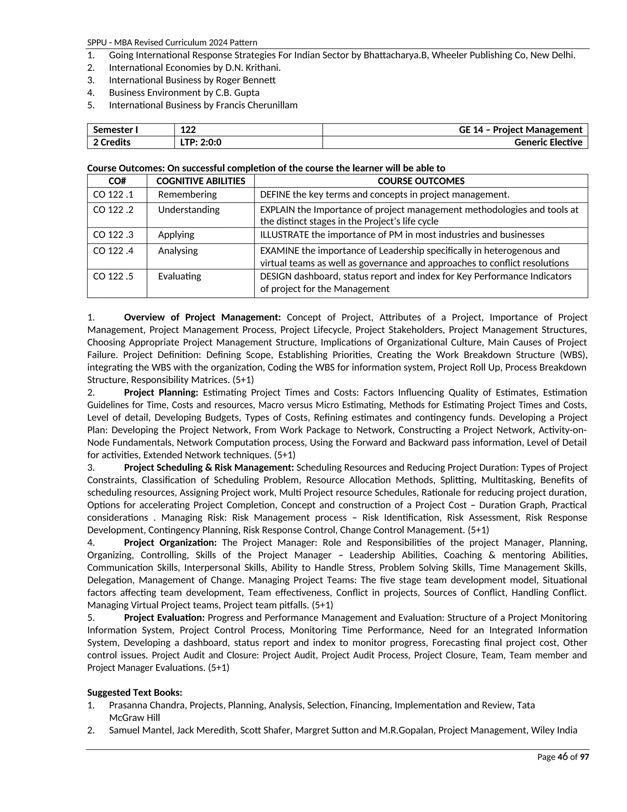 SPPU - MBA Revised Curriculum 2024 Pattern
Page 46 of 97
1. Going International Response Strategies For Indian Sector by Bhattacharya.B, Wheeler Publishing Co, New Delhi.
2. International Economies by D.N. Krithani.
3. International Business by Roger Bennett
4. Business Environment by C.B. Gupta
5. International Business by Francis Cherunillam
Semester I 122 GE 14 – Project Management
2 Credits LTP: 2:0:0 Generic Elective
Course Outcomes: On successful completion of the course the learner will be able to
CO# COGNITIVE ABILITIES COURSE OUTCOMES
CO 122 .1 Remembering DEFINE the key terms and concepts in project management.
CO 122 .2 Understanding EXPLAIN the Importance of project management methodologies and tools at
the distinct stages in the Project’s life cycle
CO 122 .3 Applying ILLUSTRATE the importance of PM in most industries and businesses
CO 122 .4 Analysing EXAMINE the importance of Leadership specifically in heterogenous and
virtual teams as well as governance and approaches to conflict resolutions
CO 122 .5 Evaluating DESIGN dashboard, status report and index for Key Performance Indicators
of project for the Management
1. Overview of Project Management: Concept of Project, Attributes of a Project, Importance of Project
Management, Project Management Process, Project Lifecycle, Project Stakeholders, Project Management Structures,
Choosing Appropriate Project Management Structure, Implications of Organizational Culture, Main Causes of Project
Failure. Project Definition: Defining Scope, Establishing Priorities, Creating the Work Breakdown Structure (WBS),
integrating the WBS with the organization, Coding the WBS for information system, Project Roll Up, Process Breakdown
Structure, Responsibility Matrices. (5+1)
2. Project Planning: Estimating Project Times and Costs: Factors Influencing Quality of Estimates, Estimation
Guidelines for Time, Costs and resources, Macro versus Micro Estimating, Methods for Estimating Project Times and Costs,
Level of detail, Developing Budgets, Types of Costs, Refining estimates and contingency funds. Developing a Project
Plan: Developing the Project Network, From Work Package to Network, Constructing a Project Network, Activity-on-
Node Fundamentals, Network Computation process, Using the Forward and Backward pass information, Level of Detail
for activities, Extended Network techniques. (5+1)
3. Project Scheduling & Risk Management: Scheduling Resources and Reducing Project Duration: Types of Project
Constraints, Classification of Scheduling Problem, Resource Allocation Methods, Splitting, Multitasking, Benefits of
scheduling resources, Assigning Project work, Multi Project resource Schedules, Rationale for reducing project duration,
Options for accelerating Project Completion, Concept and construction of a Project Cost – Duration Graph, Practical
considerations . Managing Risk: Risk Management process – Risk Identification, Risk Assessment, Risk Response
Development, Contingency Planning, Risk Response Control, Change Control Management. (5+1)
4. Project Organization: The Project Manager: Role and Responsibilities of the project Manager, Planning,
Organizing, Controlling, Skills of the Project Manager – Leadership Abilities, Coaching & mentoring Abilities,
Communication Skills, Interpersonal Skills, Ability to Handle Stress, Problem Solving Skills, Time Management Skills,
Delegation, Management of Change. Managing Project Teams: The five stage team development model, Situational
factors affecting team development, Team effectiveness, Conflict in projects, Sources of Conflict, Handling Conflict.
Managing Virtual Project teams, Project team pitfalls. (5+1)
5. Project Evaluation: Progress and Performance Management and Evaluation: Structure of a Project Monitoring
Information System, Project Control Process, Monitoring Time Performance, Need for an Integrated Information
System, Developing a dashboard, status report and index to monitor progress, Forecasting final project cost, Other
control issues. Project Audit and Closure: Project Audit, Project Audit Process, Project Closure, Team, Team member and
Project Manager Evaluations. (5+1)
Suggested Text Books:
1. Prasanna Chandra, Projects, Planning, Analysis, Selection, Financing, Implementation and Review, Tata
McGraw Hill
2. Samuel Mantel, Jack Meredith, Scott Shafer, Margret Sutton and M.R.Gopalan, Project Management, Wiley India
 
