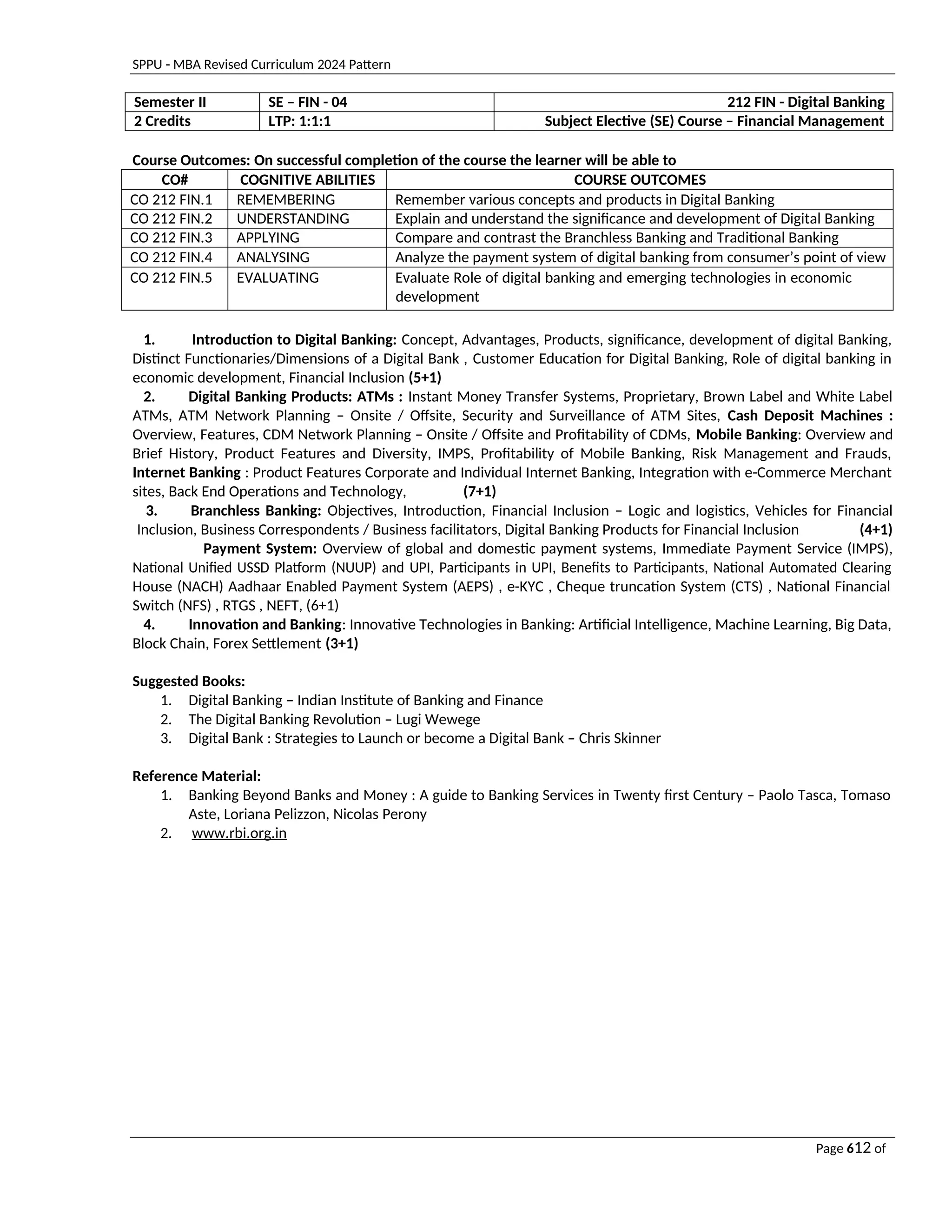 SPPU - MBA Revised Curriculum 2024 Pattern
Page 612 of
97
Semester II SE – FIN - 04 212 FIN - Digital Banking
2 Credits LTP: 1:1:1 Subject Elective (SE) Course – Financial Management
Course Outcomes: On successful completion of the course the learner will be able to
CO# COGNITIVE ABILITIES COURSE OUTCOMES
CO 212 FIN.1 REMEMBERING Remember various concepts and products in Digital Banking
CO 212 FIN.2 UNDERSTANDING Explain and understand the significance and development of Digital Banking
CO 212 FIN.3 APPLYING Compare and contrast the Branchless Banking and Traditional Banking
CO 212 FIN.4 ANALYSING Analyze the payment system of digital banking from consumer’s point of view
CO 212 FIN.5 EVALUATING Evaluate Role of digital banking and emerging technologies in economic
development
1. Introduction to Digital Banking: Concept, Advantages, Products, significance, development of digital Banking,
Distinct Functionaries/Dimensions of a Digital Bank , Customer Education for Digital Banking, Role of digital banking in
economic development, Financial Inclusion (5+1)
2. Digital Banking Products: ATMs : Instant Money Transfer Systems, Proprietary, Brown Label and White Label
ATMs, ATM Network Planning – Onsite / Offsite, Security and Surveillance of ATM Sites, Cash Deposit Machines :
Overview, Features, CDM Network Planning – Onsite / Offsite and Profitability of CDMs, Mobile Banking: Overview and
Brief History, Product Features and Diversity, IMPS, Profitability of Mobile Banking, Risk Management and Frauds,
Internet Banking : Product Features Corporate and Individual Internet Banking, Integration with e-Commerce Merchant
sites, Back End Operations and Technology, (7+1)
3. Branchless Banking: Objectives, Introduction, Financial Inclusion – Logic and logistics, Vehicles for Financial
Inclusion, Business Correspondents / Business facilitators, Digital Banking Products for Financial Inclusion (4+1)
Payment System: Overview of global and domestic payment systems, Immediate Payment Service (IMPS),
National Unified USSD Platform (NUUP) and UPI, Participants in UPI, Benefits to Participants, National Automated Clearing
House (NACH) Aadhaar Enabled Payment System (AEPS) , e-KYC , Cheque truncation System (CTS) , National Financial
Switch (NFS) , RTGS , NEFT, (6+1)
4. Innovation and Banking: Innovative Technologies in Banking: Artificial Intelligence, Machine Learning, Big Data,
Block Chain, Forex Settlement (3+1)
Suggested Books:
1. Digital Banking – Indian Institute of Banking and Finance
2. The Digital Banking Revolution – Lugi Wewege
3. Digital Bank : Strategies to Launch or become a Digital Bank – Chris Skinner
Reference Material:
1. Banking Beyond Banks and Money : A guide to Banking Services in Twenty first Century – Paolo Tasca, Tomaso
Aste, Loriana Pelizzon, Nicolas Perony
2. www.rbi.org.in
 