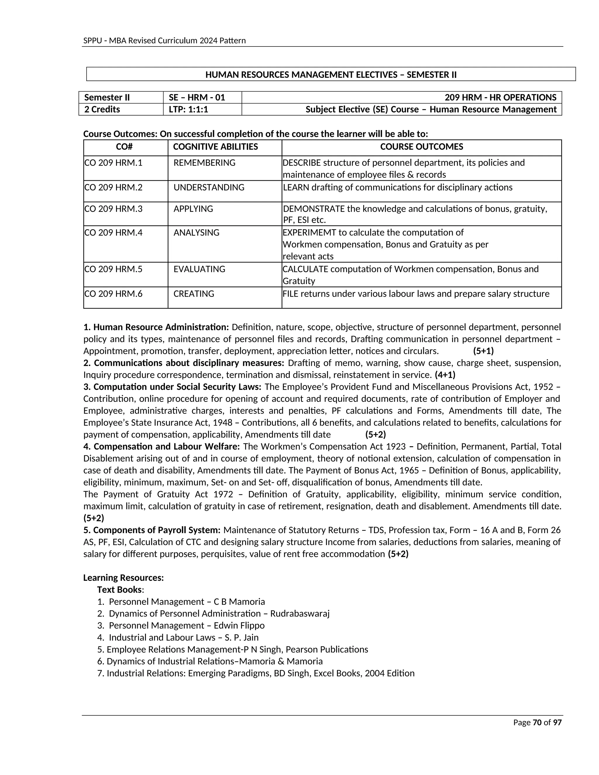 SPPU - MBA Revised Curriculum 2024 Pattern
Page 70 of 97
HUMAN RESOURCES MANAGEMENT ELECTIVES – SEMESTER II
Semester II SE – HRM - 01 209 HRM - HR OPERATIONS
2 Credits LTP: 1:1:1 Subject Elective (SE) Course – Human Resource Management
Course Outcomes: On successful completion of the course the learner will be able to:
CO# COGNITIVE ABILITIES COURSE OUTCOMES
CO 209 HRM.1 REMEMBERING DESCRIBE structure of personnel department, its policies and
maintenance of employee files & records
CO 209 HRM.2 UNDERSTANDING LEARN drafting of communications for disciplinary actions
CO 209 HRM.3 APPLYING DEMONSTRATE the knowledge and calculations of bonus, gratuity,
PF, ESI etc.
CO 209 HRM.4 ANALYSING EXPERIMEMT to calculate the computation of
Workmen compensation, Bonus and Gratuity as per
relevant acts
CO 209 HRM.5 EVALUATING CALCULATE computation of Workmen compensation, Bonus and
Gratuity
CO 209 HRM.6 CREATING FILE returns under various labour laws and prepare salary structure
1. Human Resource Administration: Definition, nature, scope, objective, structure of personnel department, personnel
policy and its types, maintenance of personnel files and records, Drafting communication in personnel department –
Appointment, promotion, transfer, deployment, appreciation letter, notices and circulars. (5+1)
2. Communications about disciplinary measures: Drafting of memo, warning, show cause, charge sheet, suspension,
Inquiry procedure correspondence, termination and dismissal, reinstatement in service. (4+1)
3. Computation under Social Security Laws: The Employee’s Provident Fund and Miscellaneous Provisions Act, 1952 –
Contribution, online procedure for opening of account and required documents, rate of contribution of Employer and
Employee, administrative charges, interests and penalties, PF calculations and Forms, Amendments till date, The
Employee’s State Insurance Act, 1948 – Contributions, all 6 benefits, and calculations related to benefits, calculations for
payment of compensation, applicability, Amendments till date (5+2)
4. Compensation and Labour Welfare: The Workmen’s Compensation Act 1923 – Definition, Permanent, Partial, Total
Disablement arising out of and in course of employment, theory of notional extension, calculation of compensation in
case of death and disability, Amendments till date. The Payment of Bonus Act, 1965 – Definition of Bonus, applicability,
eligibility, minimum, maximum, Set- on and Set- off, disqualification of bonus, Amendments till date.
The Payment of Gratuity Act 1972 – Definition of Gratuity, applicability, eligibility, minimum service condition,
maximum limit, calculation of gratuity in case of retirement, resignation, death and disablement. Amendments till date.
(5+2)
5. Components of Payroll System: Maintenance of Statutory Returns – TDS, Profession tax, Form – 16 A and B, Form 26
AS, PF, ESI, Calculation of CTC and designing salary structure Income from salaries, deductions from salaries, meaning of
salary for different purposes, perquisites, value of rent free accommodation (5+2)
Learning Resources:
Text Books:
1. Personnel Management – C B Mamoria
2. Dynamics of Personnel Administration – Rudrabaswaraj
3. Personnel Management – Edwin Flippo
4. Industrial and Labour Laws – S. P. Jain
5. Employee Relations Management-P N Singh, Pearson Publications
6. Dynamics of Industrial Relations–Mamoria & Mamoria
7. Industrial Relations: Emerging Paradigms, BD Singh, Excel Books, 2004 Edition
 