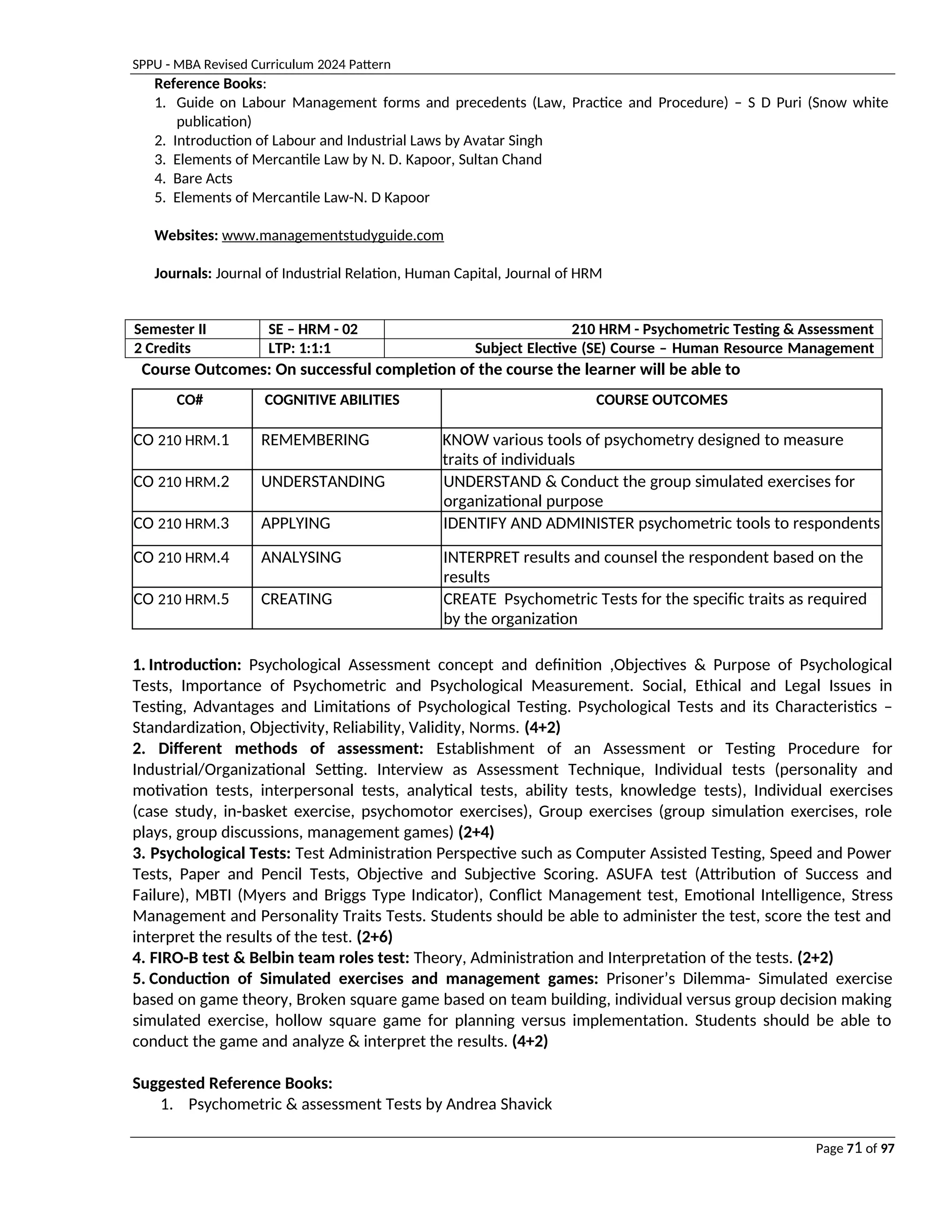 SPPU - MBA Revised Curriculum 2024 Pattern
Page 71 of 97
Reference Books:
1. Guide on Labour Management forms and precedents (Law, Practice and Procedure) – S D Puri (Snow white
publication)
2. Introduction of Labour and Industrial Laws by Avatar Singh
3. Elements of Mercantile Law by N. D. Kapoor, Sultan Chand
4. Bare Acts
5. Elements of Mercantile Law-N. D Kapoor
Websites: www.managementstudyguide.com
Journals: Journal of Industrial Relation, Human Capital, Journal of HRM
Semester II SE – HRM - 02 210 HRM - Psychometric Testing & Assessment
2 Credits LTP: 1:1:1 Subject Elective (SE) Course – Human Resource Management
Course Outcomes: On successful completion of the course the learner will be able to
CO# COGNITIVE ABILITIES COURSE OUTCOMES
CO 210 HRM.1 REMEMBERING KNOW various tools of psychometry designed to measure
traits of individuals
CO 210 HRM.2 UNDERSTANDING UNDERSTAND & Conduct the group simulated exercises for
organizational purpose
CO 210 HRM.3 APPLYING IDENTIFY AND ADMINISTER psychometric tools to respondents
CO 210 HRM.4 ANALYSING INTERPRET results and counsel the respondent based on the
results
CO 210 HRM.5 CREATING CREATE Psychometric Tests for the specific traits as required
by the organization
1. Introduction: Psychological Assessment concept and definition ,Objectives & Purpose of Psychological
Tests, Importance of Psychometric and Psychological Measurement. Social, Ethical and Legal Issues in
Testing, Advantages and Limitations of Psychological Testing. Psychological Tests and its Characteristics –
Standardization, Objectivity, Reliability, Validity, Norms. (4+2)
2. Different methods of assessment: Establishment of an Assessment or Testing Procedure for
Industrial/Organizational Setting. Interview as Assessment Technique, Individual tests (personality and
motivation tests, interpersonal tests, analytical tests, ability tests, knowledge tests), Individual exercises
(case study, in-basket exercise, psychomotor exercises), Group exercises (group simulation exercises, role
plays, group discussions, management games) (2+4)
3. Psychological Tests: Test Administration Perspective such as Computer Assisted Testing, Speed and Power
Tests, Paper and Pencil Tests, Objective and Subjective Scoring. ASUFA test (Attribution of Success and
Failure), MBTI (Myers and Briggs Type Indicator), Conflict Management test, Emotional Intelligence, Stress
Management and Personality Traits Tests. Students should be able to administer the test, score the test and
interpret the results of the test. (2+6)
4. FIRO-B test & Belbin team roles test: Theory, Administration and Interpretation of the tests. (2+2)
5. Conduction of Simulated exercises and management games: Prisoner’s Dilemma- Simulated exercise
based on game theory, Broken square game based on team building, individual versus group decision making
simulated exercise, hollow square game for planning versus implementation. Students should be able to
conduct the game and analyze & interpret the results. (4+2)
Suggested Reference Books:
1. Psychometric & assessment Tests by Andrea Shavick
 