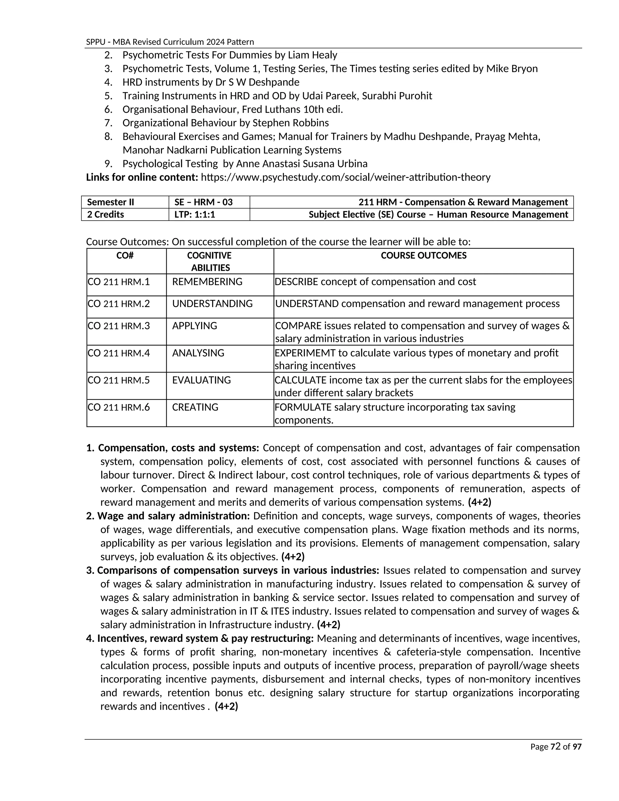 SPPU - MBA Revised Curriculum 2024 Pattern
Page 72 of 97
2. Psychometric Tests For Dummies by Liam Healy
3. Psychometric Tests, Volume 1, Testing Series, The Times testing series edited by Mike Bryon
4. HRD instruments by Dr S W Deshpande
5. Training Instruments in HRD and OD by Udai Pareek, Surabhi Purohit
6. Organisational Behaviour, Fred Luthans 10th edi.
7. Organizational Behaviour by Stephen Robbins
8. Behavioural Exercises and Games; Manual for Trainers by Madhu Deshpande, Prayag Mehta,
Manohar Nadkarni Publication Learning Systems
9. Psychological Testing by Anne Anastasi Susana Urbina
Links for online content: https://www.psychestudy.com/social/weiner-attribution-theory
Semester II SE – HRM - 03 211 HRM - Compensation & Reward Management
2 Credits LTP: 1:1:1 Subject Elective (SE) Course – Human Resource Management
Course Outcomes: On successful completion of the course the learner will be able to:
CO# COGNITIVE
ABILITIES
COURSE OUTCOMES
CO 211 HRM.1 REMEMBERING DESCRIBE concept of compensation and cost
CO 211 HRM.2 UNDERSTANDING UNDERSTAND compensation and reward management process
CO 211 HRM.3 APPLYING COMPARE issues related to compensation and survey of wages &
salary administration in various industries
CO 211 HRM.4 ANALYSING EXPERIMEMT to calculate various types of monetary and profit
sharing incentives
CO 211 HRM.5 EVALUATING CALCULATE income tax as per the current slabs for the employees
under different salary brackets
CO 211 HRM.6 CREATING FORMULATE salary structure incorporating tax saving
components.
1. Compensation, costs and systems: Concept of compensation and cost, advantages of fair compensation
system, compensation policy, elements of cost, cost associated with personnel functions & causes of
labour turnover. Direct & Indirect labour, cost control techniques, role of various departments & types of
worker. Compensation and reward management process, components of remuneration, aspects of
reward management and merits and demerits of various compensation systems. (4+2)
2. Wage and salary administration: Definition and concepts, wage surveys, components of wages, theories
of wages, wage differentials, and executive compensation plans. Wage fixation methods and its norms,
applicability as per various legislation and its provisions. Elements of management compensation, salary
surveys, job evaluation & its objectives. (4+2)
3. Comparisons of compensation surveys in various industries: Issues related to compensation and survey
of wages & salary administration in manufacturing industry. Issues related to compensation & survey of
wages & salary administration in banking & service sector. Issues related to compensation and survey of
wages & salary administration in IT & ITES industry. Issues related to compensation and survey of wages &
salary administration in Infrastructure industry. (4+2)
4. Incentives, reward system & pay restructuring: Meaning and determinants of incentives, wage incentives,
types & forms of profit sharing, non-monetary incentives & cafeteria-style compensation. Incentive
calculation process, possible inputs and outputs of incentive process, preparation of payroll/wage sheets
incorporating incentive payments, disbursement and internal checks, types of non-monitory incentives
and rewards, retention bonus etc. designing salary structure for startup organizations incorporating
rewards and incentives . (4+2)
 