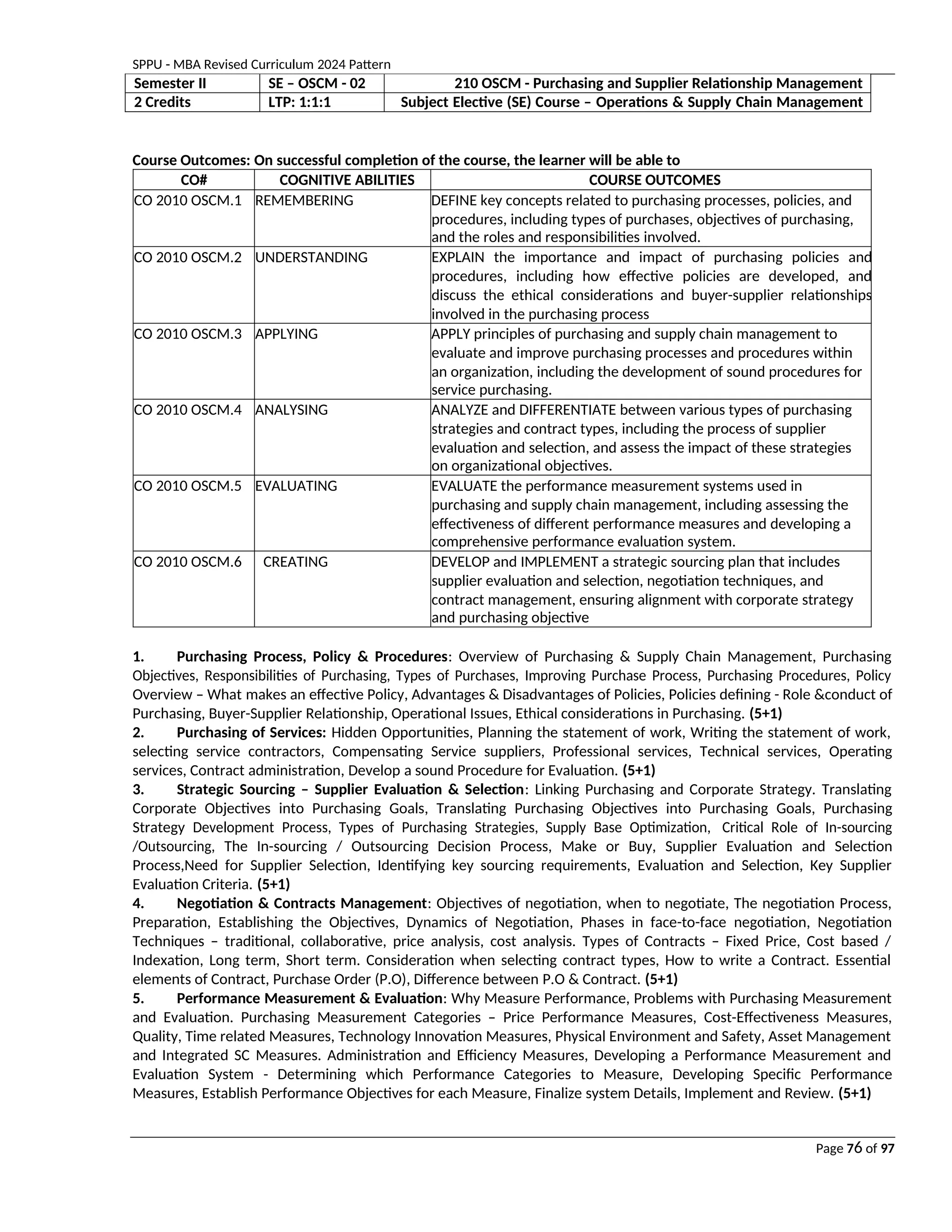 SPPU - MBA Revised Curriculum 2024 Pattern
Page 76 of 97
Semester II SE – OSCM - 02 210 OSCM - Purchasing and Supplier Relationship Management
2 Credits LTP: 1:1:1 Subject Elective (SE) Course – Operations & Supply Chain Management
Course Outcomes: On successful completion of the course, the learner will be able to
CO# COGNITIVE ABILITIES COURSE OUTCOMES
CO 2010 OSCM.1 REMEMBERING DEFINE key concepts related to purchasing processes, policies, and
procedures, including types of purchases, objectives of purchasing,
and the roles and responsibilities involved.
CO 2010 OSCM.2 UNDERSTANDING EXPLAIN the importance and impact of purchasing policies and
procedures, including how effective policies are developed, and
discuss the ethical considerations and buyer-supplier relationships
involved in the purchasing process
CO 2010 OSCM.3 APPLYING APPLY principles of purchasing and supply chain management to
evaluate and improve purchasing processes and procedures within
an organization, including the development of sound procedures for
service purchasing.
CO 2010 OSCM.4 ANALYSING ANALYZE and DIFFERENTIATE between various types of purchasing
strategies and contract types, including the process of supplier
evaluation and selection, and assess the impact of these strategies
on organizational objectives.
CO 2010 OSCM.5 EVALUATING EVALUATE the performance measurement systems used in
purchasing and supply chain management, including assessing the
effectiveness of different performance measures and developing a
comprehensive performance evaluation system.
CO 2010 OSCM.6 CREATING DEVELOP and IMPLEMENT a strategic sourcing plan that includes
supplier evaluation and selection, negotiation techniques, and
contract management, ensuring alignment with corporate strategy
and purchasing objective
1. Purchasing Process, Policy & Procedures: Overview of Purchasing & Supply Chain Management, Purchasing
Objectives, Responsibilities of Purchasing, Types of Purchases, Improving Purchase Process, Purchasing Procedures, Policy
Overview – What makes an effective Policy, Advantages & Disadvantages of Policies, Policies defining - Role &conduct of
Purchasing, Buyer-Supplier Relationship, Operational Issues, Ethical considerations in Purchasing. (5+1)
2. Purchasing of Services: Hidden Opportunities, Planning the statement of work, Writing the statement of work,
selecting service contractors, Compensating Service suppliers, Professional services, Technical services, Operating
services, Contract administration, Develop a sound Procedure for Evaluation. (5+1)
3. Strategic Sourcing – Supplier Evaluation & Selection: Linking Purchasing and Corporate Strategy. Translating
Corporate Objectives into Purchasing Goals, Translating Purchasing Objectives into Purchasing Goals, Purchasing
Strategy Development Process, Types of Purchasing Strategies, Supply Base Optimization, Critical Role of In-sourcing
/Outsourcing, The In-sourcing / Outsourcing Decision Process, Make or Buy, Supplier Evaluation and Selection
Process,Need for Supplier Selection, Identifying key sourcing requirements, Evaluation and Selection, Key Supplier
Evaluation Criteria. (5+1)
4. Negotiation & Contracts Management: Objectives of negotiation, when to negotiate, The negotiation Process,
Preparation, Establishing the Objectives, Dynamics of Negotiation, Phases in face-to-face negotiation, Negotiation
Techniques – traditional, collaborative, price analysis, cost analysis. Types of Contracts – Fixed Price, Cost based /
Indexation, Long term, Short term. Consideration when selecting contract types, How to write a Contract. Essential
elements of Contract, Purchase Order (P.O), Difference between P.O & Contract. (5+1)
5. Performance Measurement & Evaluation: Why Measure Performance, Problems with Purchasing Measurement
and Evaluation. Purchasing Measurement Categories – Price Performance Measures, Cost-Effectiveness Measures,
Quality, Time related Measures, Technology Innovation Measures, Physical Environment and Safety, Asset Management
and Integrated SC Measures. Administration and Efficiency Measures, Developing a Performance Measurement and
Evaluation System - Determining which Performance Categories to Measure, Developing Specific Performance
Measures, Establish Performance Objectives for each Measure, Finalize system Details, Implement and Review. (5+1)
 