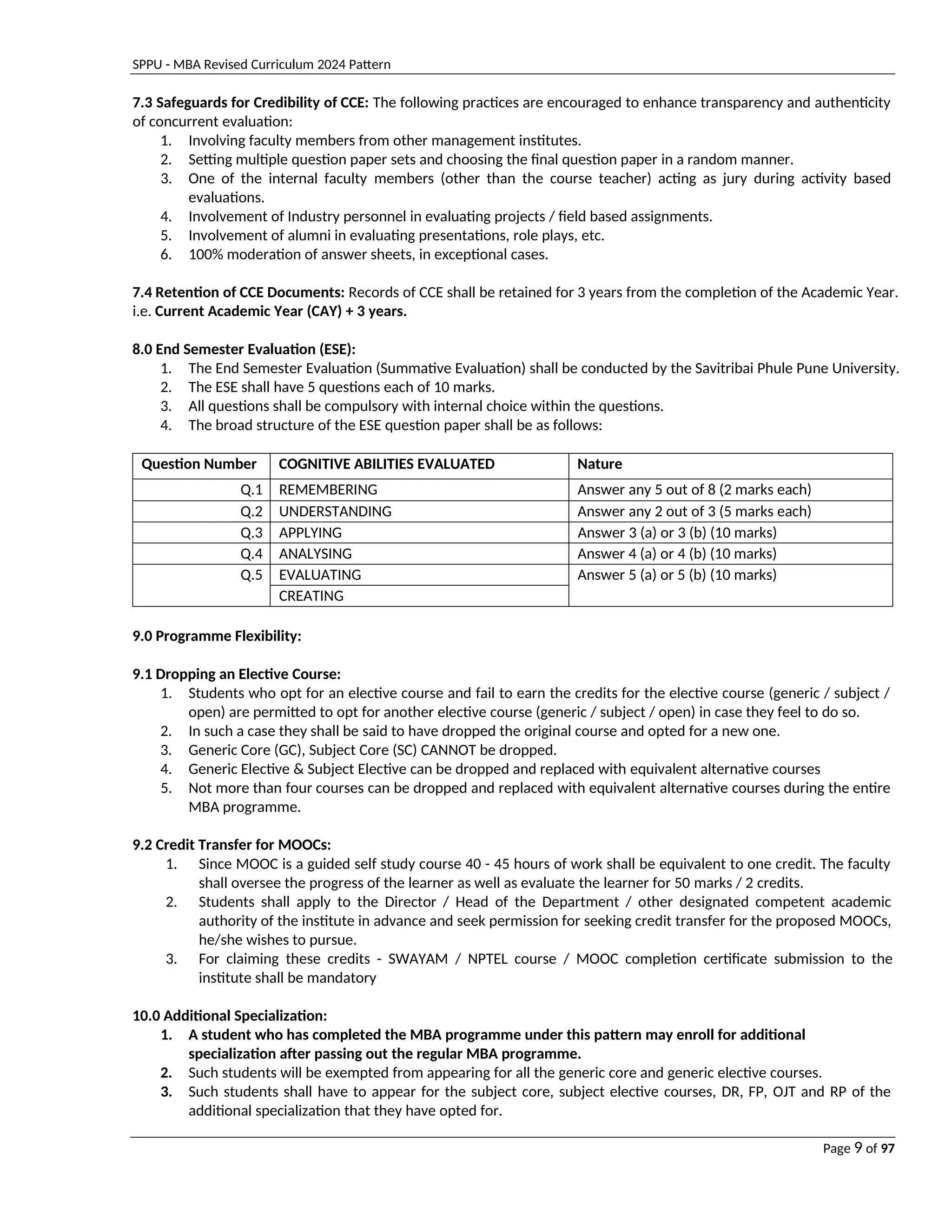 SPPU - MBA Revised Curriculum 2024 Pattern
Page 9 of 97
7.3 Safeguards for Credibility of CCE: The following practices are encouraged to enhance transparency and authenticity
of concurrent evaluation:
1. Involving faculty members from other management institutes.
2. Setting multiple question paper sets and choosing the final question paper in a random manner.
3. One of the internal faculty members (other than the course teacher) acting as jury during activity based
evaluations.
4. Involvement of Industry personnel in evaluating projects / field based assignments.
5. Involvement of alumni in evaluating presentations, role plays, etc.
6. 100% moderation of answer sheets, in exceptional cases.
7.4 Retention of CCE Documents: Records of CCE shall be retained for 3 years from the completion of the Academic Year.
i.e. Current Academic Year (CAY) + 3 years.
8.0 End Semester Evaluation (ESE):
1. The End Semester Evaluation (Summative Evaluation) shall be conducted by the Savitribai Phule Pune University.
2. The ESE shall have 5 questions each of 10 marks.
3. All questions shall be compulsory with internal choice within the questions.
4. The broad structure of the ESE question paper shall be as follows:
Question Number COGNITIVE ABILITIES EVALUATED Nature
Q.1 REMEMBERING Answer any 5 out of 8 (2 marks each)
Q.2 UNDERSTANDING Answer any 2 out of 3 (5 marks each)
Q.3 APPLYING Answer 3 (a) or 3 (b) (10 marks)
Q.4 ANALYSING Answer 4 (a) or 4 (b) (10 marks)
Q.5 EVALUATING Answer 5 (a) or 5 (b) (10 marks)
CREATING
9.0 Programme Flexibility:
9.1 Dropping an Elective Course:
1. Students who opt for an elective course and fail to earn the credits for the elective course (generic / subject /
open) are permitted to opt for another elective course (generic / subject / open) in case they feel to do so.
2. In such a case they shall be said to have dropped the original course and opted for a new one.
3. Generic Core (GC), Subject Core (SC) CANNOT be dropped.
4. Generic Elective & Subject Elective can be dropped and replaced with equivalent alternative courses
5. Not more than four courses can be dropped and replaced with equivalent alternative courses during the entire
MBA programme.
9.2 Credit Transfer for MOOCs:
1. Since MOOC is a guided self study course 40 - 45 hours of work shall be equivalent to one credit. The faculty
shall oversee the progress of the learner as well as evaluate the learner for 50 marks / 2 credits.
2. Students shall apply to the Director / Head of the Department / other designated competent academic
authority of the institute in advance and seek permission for seeking credit transfer for the proposed MOOCs,
he/she wishes to pursue.
3. For claiming these credits - SWAYAM / NPTEL course / MOOC completion certificate submission to the
institute shall be mandatory
10.0 Additional Specialization:
1. A student who has completed the MBA programme under this pattern may enroll for additional
specialization after passing out the regular MBA programme.
2. Such students will be exempted from appearing for all the generic core and generic elective courses.
3. Such students shall have to appear for the subject core, subject elective courses, DR, FP, OJT and RP of the
additional specialization that they have opted for.
 