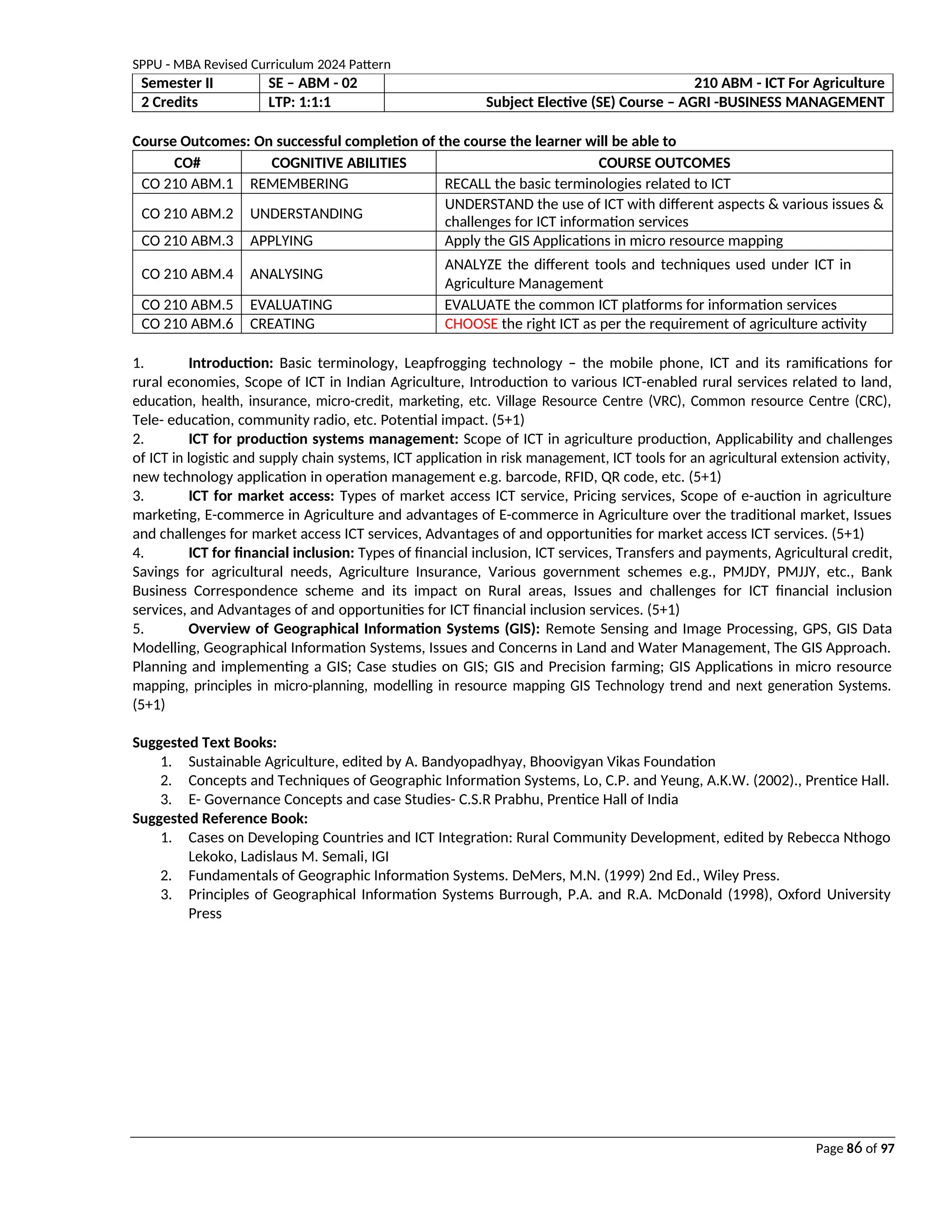SPPU - MBA Revised Curriculum 2024 Pattern
Page 86 of 97
Semester II SE – ABM - 02 210 ABM - ICT For Agriculture
2 Credits LTP: 1:1:1 Subject Elective (SE) Course – AGRI -BUSINESS MANAGEMENT
Course Outcomes: On successful completion of the course the learner will be able to
CO# COGNITIVE ABILITIES COURSE OUTCOMES
CO 210 ABM.1 REMEMBERING RECALL the basic terminologies related to ICT
CO 210 ABM.2 UNDERSTANDING
UNDERSTAND the use of ICT with different aspects & various issues &
challenges for ICT information services
CO 210 ABM.3 APPLYING Apply the GIS Applications in micro resource mapping
CO 210 ABM.4 ANALYSING
ANALYZE the different tools and techniques used under ICT in
Agriculture Management
CO 210 ABM.5 EVALUATING EVALUATE the common ICT platforms for information services
CO 210 ABM.6 CREATING CHOOSE the right ICT as per the requirement of agriculture activity
1. Introduction: Basic terminology, Leapfrogging technology – the mobile phone, ICT and its ramifications for
rural economies, Scope of ICT in Indian Agriculture, Introduction to various ICT-enabled rural services related to land,
education, health, insurance, micro-credit, marketing, etc. Village Resource Centre (VRC), Common resource Centre (CRC),
Tele- education, community radio, etc. Potential impact. (5+1)
2. ICT for production systems management: Scope of ICT in agriculture production, Applicability and challenges
of ICT in logistic and supply chain systems, ICT application in risk management, ICT tools for an agricultural extension activity,
new technology application in operation management e.g. barcode, RFID, QR code, etc. (5+1)
3. ICT for market access: Types of market access ICT service, Pricing services, Scope of e-auction in agriculture
marketing, E-commerce in Agriculture and advantages of E-commerce in Agriculture over the traditional market, Issues
and challenges for market access ICT services, Advantages of and opportunities for market access ICT services. (5+1)
4. ICT for financial inclusion: Types of financial inclusion, ICT services, Transfers and payments, Agricultural credit,
Savings for agricultural needs, Agriculture Insurance, Various government schemes e.g., PMJDY, PMJJY, etc., Bank
Business Correspondence scheme and its impact on Rural areas, Issues and challenges for ICT financial inclusion
services, and Advantages of and opportunities for ICT financial inclusion services. (5+1)
5. Overview of Geographical Information Systems (GIS): Remote Sensing and Image Processing, GPS, GIS Data
Modelling, Geographical Information Systems, Issues and Concerns in Land and Water Management, The GIS Approach.
Planning and implementing a GIS; Case studies on GIS; GIS and Precision farming; GIS Applications in micro resource
mapping, principles in micro-planning, modelling in resource mapping GIS Technology trend and next generation Systems.
(5+1)
Suggested Text Books:
1. Sustainable Agriculture, edited by A. Bandyopadhyay, Bhoovigyan Vikas Foundation
2. Concepts and Techniques of Geographic Information Systems, Lo, C.P. and Yeung, A.K.W. (2002)., Prentice Hall.
3. E- Governance Concepts and case Studies- C.S.R Prabhu, Prentice Hall of India
Suggested Reference Book:
1. Cases on Developing Countries and ICT Integration: Rural Community Development, edited by Rebecca Nthogo
Lekoko, Ladislaus M. Semali, IGI
2. Fundamentals of Geographic Information Systems. DeMers, M.N. (1999) 2nd Ed., Wiley Press.
3. Principles of Geographical Information Systems Burrough, P.A. and R.A. McDonald (1998), Oxford University
Press
 