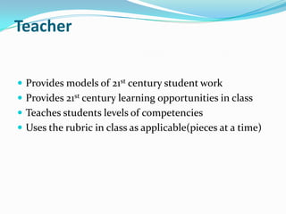 Teacher


 Provides models of 21st century student work
 Provides 21st century learning opportunities in class
 Teaches students levels of competencies
 Uses the rubric in class as applicable(pieces at a time)
 