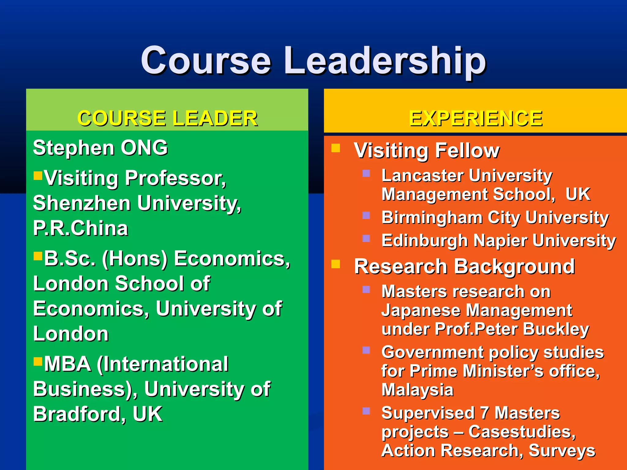 Course LeadershipCourse Leadership
COURSE LEADERCOURSE LEADER
Stephen ONGStephen ONG
Visiting Professor,Visiting Professor,
Shenzhen University,Shenzhen University,
P.R.ChinaP.R.China
B.Sc. (Hons) Economics,B.Sc. (Hons) Economics,
London School ofLondon School of
Economics, University ofEconomics, University of
LondonLondon
MBA (InternationalMBA (International
Business), University ofBusiness), University of
Bradford, UKBradford, UK
EXPERIENCEEXPERIENCE
 Visiting FellowVisiting Fellow
 Lancaster UniversityLancaster University
Management School, UKManagement School, UK
 Birmingham City UniversityBirmingham City University
 Edinburgh Napier UniversityEdinburgh Napier University
 Research BackgroundResearch Background
 Masters research onMasters research on
Japanese ManagementJapanese Management
under Prof.Peter Buckleyunder Prof.Peter Buckley
 Government policy studiesGovernment policy studies
for Prime Minister’s office,for Prime Minister’s office,
MalaysiaMalaysia
 Supervised 7 MastersSupervised 7 Masters
projects – Casestudies,projects – Casestudies,
Action Research, SurveysAction Research, Surveys
 