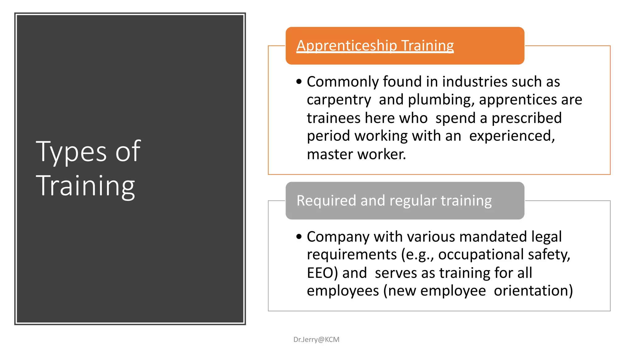 Types of
Training
Dr.Jerry@KCM
• Commonly found in industries such as
carpentry and plumbing, apprentices are
trainees here who spend a prescribed
period working with an experienced,
master worker.
Apprenticeship Training
• Company with various mandated legal
requirements (e.g., occupational safety,
EEO) and serves as training for all
employees (new employee orientation)
Required and regular training
 