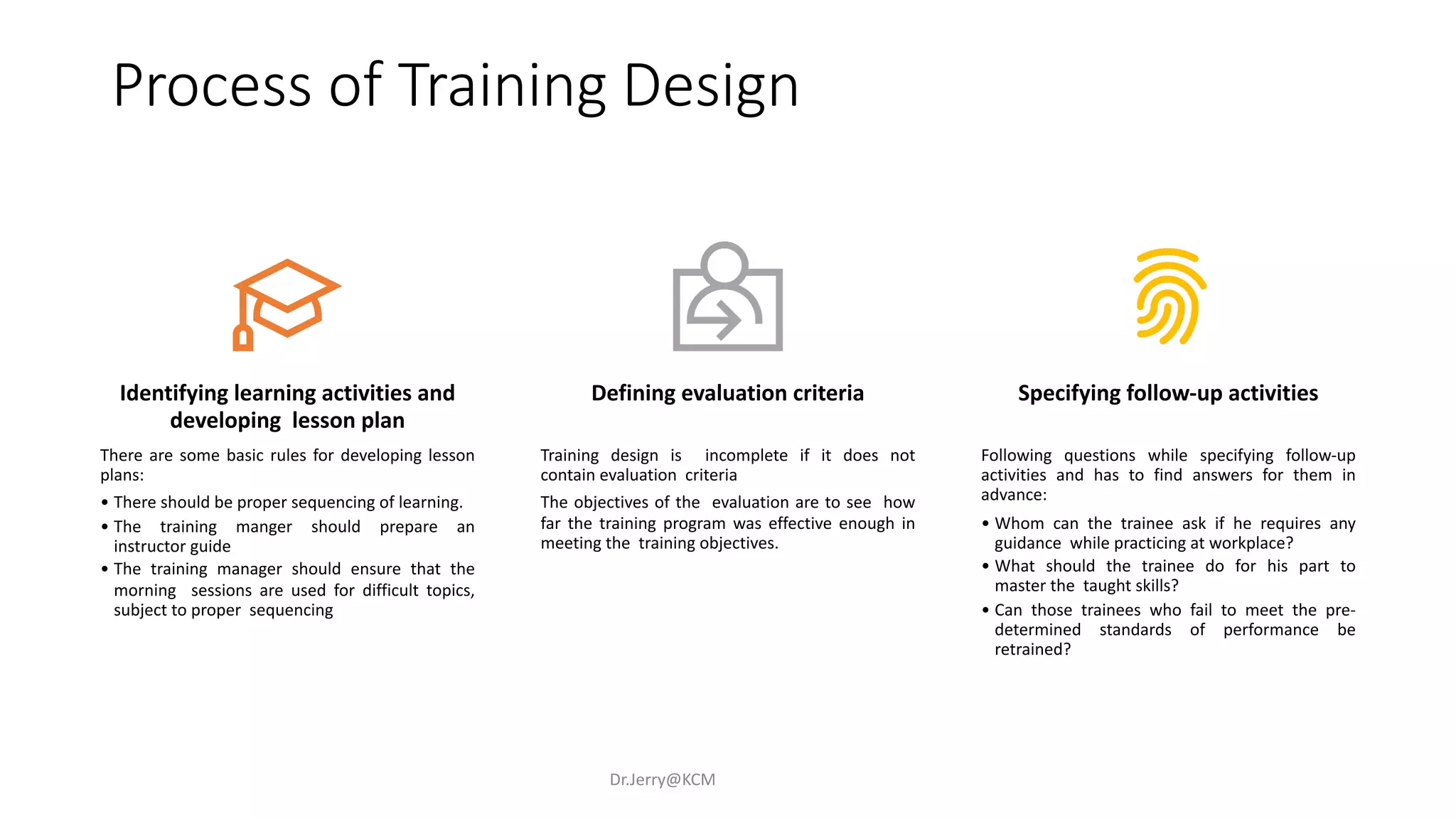 Process of Training Design
Dr.Jerry@KCM
Identifying learning activities and
developing lesson plan
There are some basic rules for developing lesson
plans:
• There should be proper sequencing of learning.
• The training manger should prepare an
instructor guide
• The training manager should ensure that the
morning sessions are used for difficult topics,
subject to proper sequencing
Defining evaluation criteria
Training design is incomplete if it does not
contain evaluation criteria
The objectives of the evaluation are to see how
far the training program was effective enough in
meeting the training objectives.
Specifying follow-up activities
Following questions while specifying follow-up
activities and has to find answers for them in
advance:
• Whom can the trainee ask if he requires any
guidance while practicing at workplace?
• What should the trainee do for his part to
master the taught skills?
• Can those trainees who fail to meet the pre-
determined standards of performance be
retrained?
 