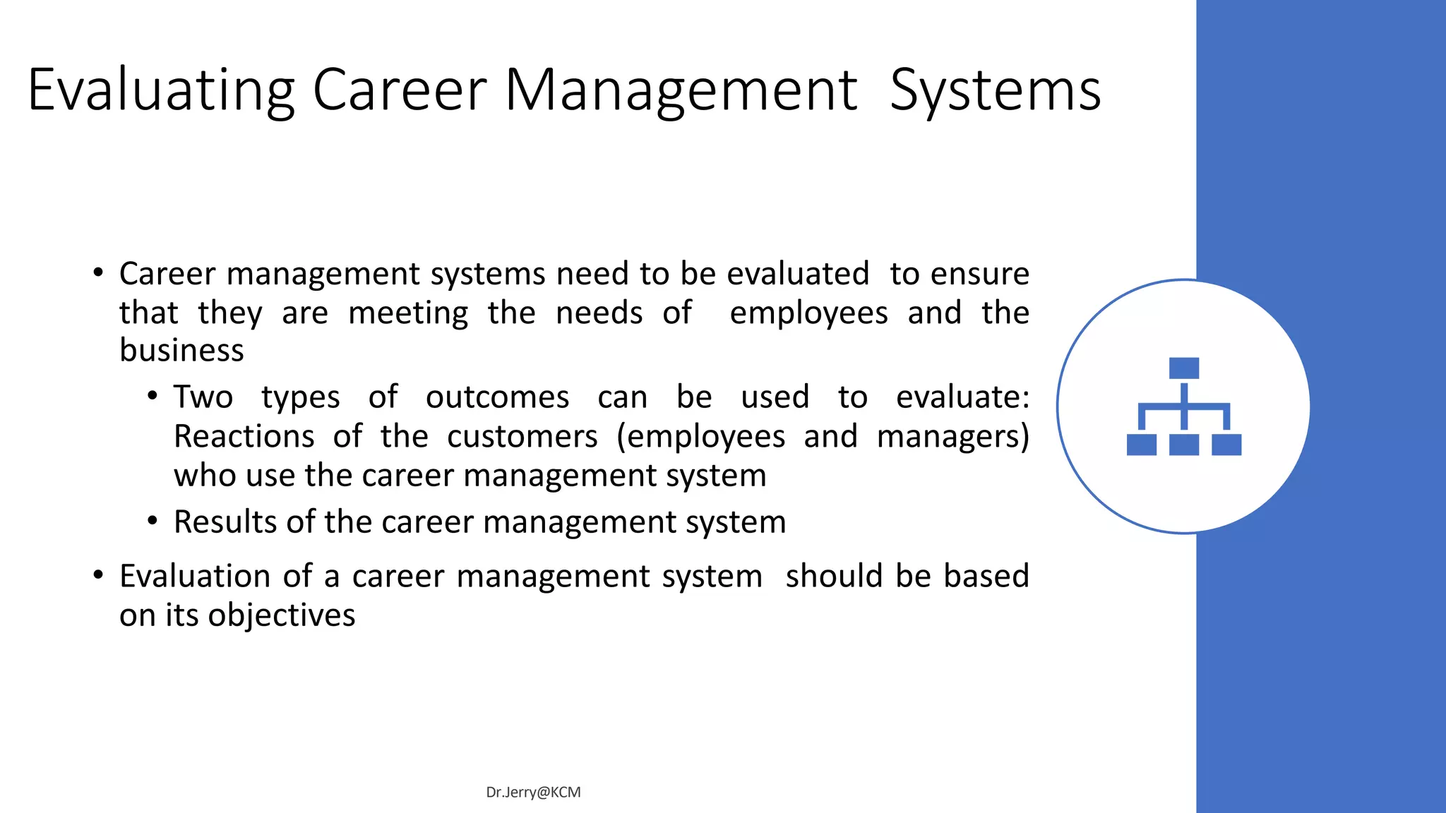 Evaluating Career Management Systems
• Career management systems need to be evaluated to ensure
that they are meeting the needs of employees and the
business
• Two types of outcomes can be used to evaluate:
Reactions of the customers (employees and managers)
who use the career management system
• Results of the career management system
• Evaluation of a career management system should be based
on its objectives
Dr.Jerry@KCM
 