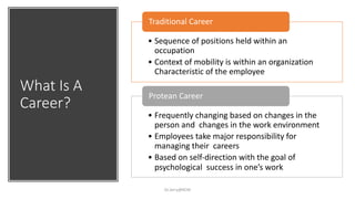What Is A
Career?
Dr.Jerry@KCM
• Sequence of positions held within an
occupation
• Context of mobility is within an organization
Characteristic of the employee
Traditional Career
• Frequently changing based on changes in the
person and changes in the work environment
• Employees take major responsibility for
managing their careers
• Based on self-direction with the goal of
psychological success in one’s work
Protean Career
 