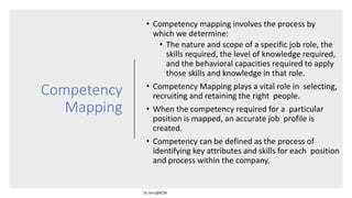 Competency
Mapping
• Competency mapping involves the process by
which we determine:
• The nature and scope of a specific job role, the
skills required, the level of knowledge required,
and the behavioral capacities required to apply
those skills and knowledge in that role.
• Competency Mapping plays a vital role in selecting,
recruiting and retaining the right people.
• When the competency required for a particular
position is mapped, an accurate job profile is
created.
• Competency can be defined as the process of
identifying key attributes and skills for each position
and process within the company.
 