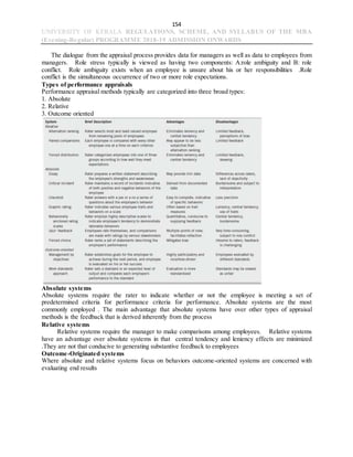 154
UNIVERSITY OF KERALA REGULATIONS, SCHEME, AND SYLLABUS OF THE MBA
(Evening-Regular) PROGRAMME 2018-19 ADMISSION ONWARDS
The dialogue from the appraisal process provides data for managers as well as data to employees from
managers. Role stress typically is viewed as having two components: A:role ambiguity and B: role
conflict. Role ambiguity exists when an employee is unsure about his or her responsibilities .Role
conflict is the simultaneous occurrence of two or more role expectations.
Types of performance appraisals
Performance appraisal methods typically are categorized into three broad types:
1. Absolute
2. Relative
3. Outcome oriented
Absolute systems
Absolute systems require the rater to indicate whether or not the employee is meeting a set of
predetermined criteria for performance criteria for performance. Absolute systems are the most
commonly employed . The main advantage that absolute systems have over other types of appraisal
methods is the feedback that is derived inherently from the process
Relative systems
Relative systems require the manager to make comparisons among employees. Relative systems
have an advantage over absolute systems in that central tendency and leniency effects are minimized
.They are not that conducive to generating substantive feedback to employees
Outcome-Originated systems
Where absolute and relative systems focus on behaviors outcome-oriented systems are concerned with
evaluating end results
 