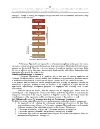 30
UNIVERSITY OF KERALA REGULATIONS, SCHEME, AND SYLLABUS OF THE MBA
(Evening-Regular) PROGRAMME 2018-19 ADMISSION ONWARDS
employees. It helps to identify, the employee who performs their task well and those who are not, along
with the reasons for the same.
Performance Appraisal is an organized way of evaluating employee performance, for which a
comparison is made between actualperformance and the preset standards. The results of the performance
appraisal are documented. After that reviews are given to the employee about their performance during
the year, to tell them where they require improvements. Employees also wish to know their position in the
organization after a particular period of time.
Definition of Performance Management
Performance Management is a continuous process that aims at planning, monitoring and
evaluating the objectives of an employee and his total contribution to the organization. The basic purpose
of performance management is to encourage and improve employee’s efficiency and effectiveness.
In this process, both the employees and the managers participate in setting the objectives, assessing the
performance or progress, providing training and feedback to the employees at regular intervals for
improvement, implementing development programs for employees and rewarding them for their
achievements.
With the help of this process, both the employee and the employer get a chance to set the
combined goals of the employee that relates to the ultimate goal of the organization by considering the
employee’s performance. In this way, the objectives of the parties became clear that helps to achieve the
overall objectives of the organization and the growth & development of the employee as well.
Key Differences Between Performance Appraisal and Performance Management
The following are the major differences between performance appraisal and performance management:
3) An organized way of evaluating the performance and potential of employees for their future
growth and development is known as Performance Appraisal. The complete process of managing
the human resources of the organization is known as Performance Management.
4) Performance Appraisal is a system while Performance Management is a process.
5) Performance appraisal is inflexible, but performance management is flexible.
6) Performance Appraisal is an operational tool to improve the efficiency of employees. However,
performance management is a strategic tool.
 