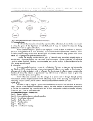 57
UNIVERSITY OF KERALA REGULATIONS, SCHEME, AND SYLLABUS OF THE MBA
(Evening-Regular) PROGRAMME 2018-19 ADMISSION ONWARDS
i) Communication:
It refers to the interaction between the superior and the subordinate. It may be the conversation
in setting the goals of the department or individual goals. It may also include the discussion during
performance review or appraisal feedback.
While communicating to a person or an employee it should be kept in mind that an individual
perceives every problem or an issue differently. So, in order to make communication complete it should
be clearly understood by the recipient. People speak much more from their body gestures than words,
which is a very important part of communication.
Hearing and listening are two different types of communication, which have varying degree of
attentiveness. Listening to feelings and concerns is very important for effective counseling. No process is
complete without feedback. Similarly, a communication process also involves feedback to know what the
other person has understood.
ii) Influencing:
It means to make impact on a person in a relationship. This plays an important role in counseling
too. Flanders (1970) makes distinction between two modes of influences, one called as direct mode of
influence and the other as indirect mode of influence. The direct mode of influence means restricting the
freedom of others like criticism or punishment while indirect mode of influence means to give more
freedom to others like praise or recognition.
Some behavioural scientists say that change in a person can be brought through positive
reinforcement and not negative reinforcement. Influencing would involve providing encouragement and
reinforcing success so that a person can take initiatives and experiment with his new ideas.
iii) Helping:
In order to help or support a person one should know the need of an individual. A boss who
shows concern for his employees can gain their support. The main purpose of performance counseling is
to feel for the subordinate and empathies with him. Without such genuine concern, counseling may only
degenerate into a ritual or fruitless exercise.
Process of Performance Counseling:
Step I – Rapport building
Step-II – Listen with intelligence and understanding
Step-III – Avoid being judgmental
Step IV – Define the problem
Step-V – Plan the action
Step-VI – Stay alert
Step-VII – Conclude the meeting
 