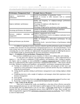 61
UNIVERSITY OF KERALA REGULATIONS, SCHEME, AND SYLLABUS OF THE MBA
(Evening-Regular) PROGRAMME 2018-19 ADMISSION ONWARDS
Performance Management Goal Example Success Measures
Improve organisational / team
performance
Increase in profitability of organisation / teams
Growth in revenue or other measures such as customer
satisfaction
Improve individual performance
Quality and frequency of employee-manager performance
conversations
Percentage of employees with objectives set
Quality of objectives
Percentage of high and low performers in the organisation
Encourage performance development
Amount of personal development activity undertaken
Frequency and quality of feedback given
Increase employee motivation and
engagement
Employee engagement survey results
Impact of performance reviews on employee motivation levels
Employee turnover rates
Inform performance pay decisions
Ability of managers to differentiate performance for pay
purposes
Satisfaction levels / perceived fairness of performance related
pay awards
In addition to agreeing on success measures related to specific performance goals, it is important
to define some measures for your performance management processes (i.e. the actual mechanics). You’ll
want to know how easy your employees and managers find the processes and tools they use, how time-
consuming they are, how well they are implemented, what proportion of people are following the process-
es and whether people are demonstrating the necessary performance management skills.
Step 4 — Evaluation of Your performance Management System
Once you have established your success measures, it’s time to start collating data and evaluating.
To truly know how effective your performance management is — and to understand how to
improve it — you will need a combination of both qualitative and quantitative data. Looking at quantita-
tive figures such as company or team profitability or employee engagement levels in isolation will not
help you to understand the direct impact performance management had on them — other factors will also
be at play. Methods of getting useful qualitative and quantitative performance management data include:
a) Carrying out a dedicated survey of a selection of employees and managers on their views and
experiences of the performance management process and tools and how they have contributed to
achieving the desired goals
b) Asking specific questions relating to performance management in your existing employee attitude
surveys
c) Conducting interviews with a sample of employees and managers about their experiences of per-
formance management
d) Focus groups
e) Extracting data and reports from your online performance management system (if you have one)
f) Reviewing a sample of objectives and personal development plans for quality
Step 5 — Take Action on the Results
Once you’ve analysed the results, you should have a clear idea of how effective your perfor-
mance management processes are and which aspects could be improved. If the results are not as good as
you had hoped, don’t be disheartened as you are not alone. A 2014 study found only 8% of companies
reported that their performance management process drives high levels of value. More recently, two-
thirds of organisations suggested their performance management system was ineffective. There’s definite-
ly room for improvement.
 