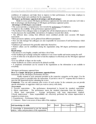 79
UNIVERSITY OF KERALA REGULATIONS, SCHEME, AND SYLLABUS OF THE MBA
(Evening-Regular) PROGRAMME 2018-19 ADMISSION ONWARDS
confidence of employees and helps them to improve in their performance. It also helps employee to
become better leader and contributor for the organization.
360 degree performance appraisal advantages and disadvantages
Similar to every system 360 degree performance appraisal also has some pro and cons. Let's take a
look at advantages and disadvantages of 360 degree performance appraisal system.
Advantages of 360 degree assessment
• This system provides a comprehensive view towards the performance of employees.
• It improves the credibility of the performance appraisal system
• The feedback from colleagues helps to strengthen the self development process of the employee
• It also increases the responsibility and alertness of employee towards their clients.
• The different ideas coming from different raters combined provide more accurate 360 degree
assessment.
• More persuasive opinions can be gathered from different participants.
• Here not only manager but colleagues are also responsible for assessment of staff performance which
empowers them.
• Employees get motivated who generally undervalue themselves.
• Honest culture can be established among the organization using 360 degree performance appraisal
system.
Disadvantage
• The process is very lengthy, complex and takes a lot of time.
• If the feedback got exchange among the employees it can create trouble and tension among the staff.
• A lot of effort has to be placed in order to train the employee to effectively use the 360 degree appraisal
system.
• It is very difficult to figure out the results.
• Some feedbacks are useless and need to be deleted carefully.
• A suspicious environment can be created in the organization as the information is not available to
everybody.
360 degree performance appraisal form
Here is a sample 360 degree performance appraisal form-
Instructions for the 360 Degree Performance Review:
Kindly respond to each statement provided in the respective categories on the pages. Use the
assessment system as provided after the instructions. If you have a lot of “U” response then it is better to
meet the HR department before submitting the review.
Comments: You can add comments after review of each section. In the comments you can provide
specific information or suggestion which you want to convey with clarity.
Assessment system:
5- Exceeds expectations – The performance demonstrated is beyond the standard expectation.
4 -Meets expectations – The performance meets the standard expectation from the employee.
3 -Meets most expectations – Average performance with some improvement required.
2-Needs improvement – Some responsibilities are effectively performed but serious improvement is
required in certain areas.
1 -Unsatisfactory – Performance below standard
U -Unknown – Rater is not aware of these skills of the employee.
Job knowledge & skills Self Board Direct reportOther
Total
Average
1. Knowledge is demonstrated as per the mission,
policies, values and procedures of the organization.
 